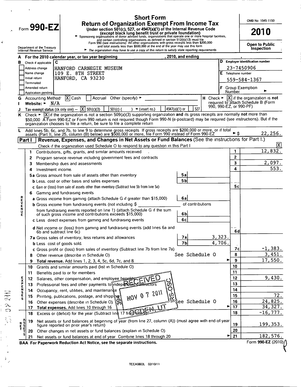 Image of first page of 2010 Form 990EZ for Hanford Carnegie Museum