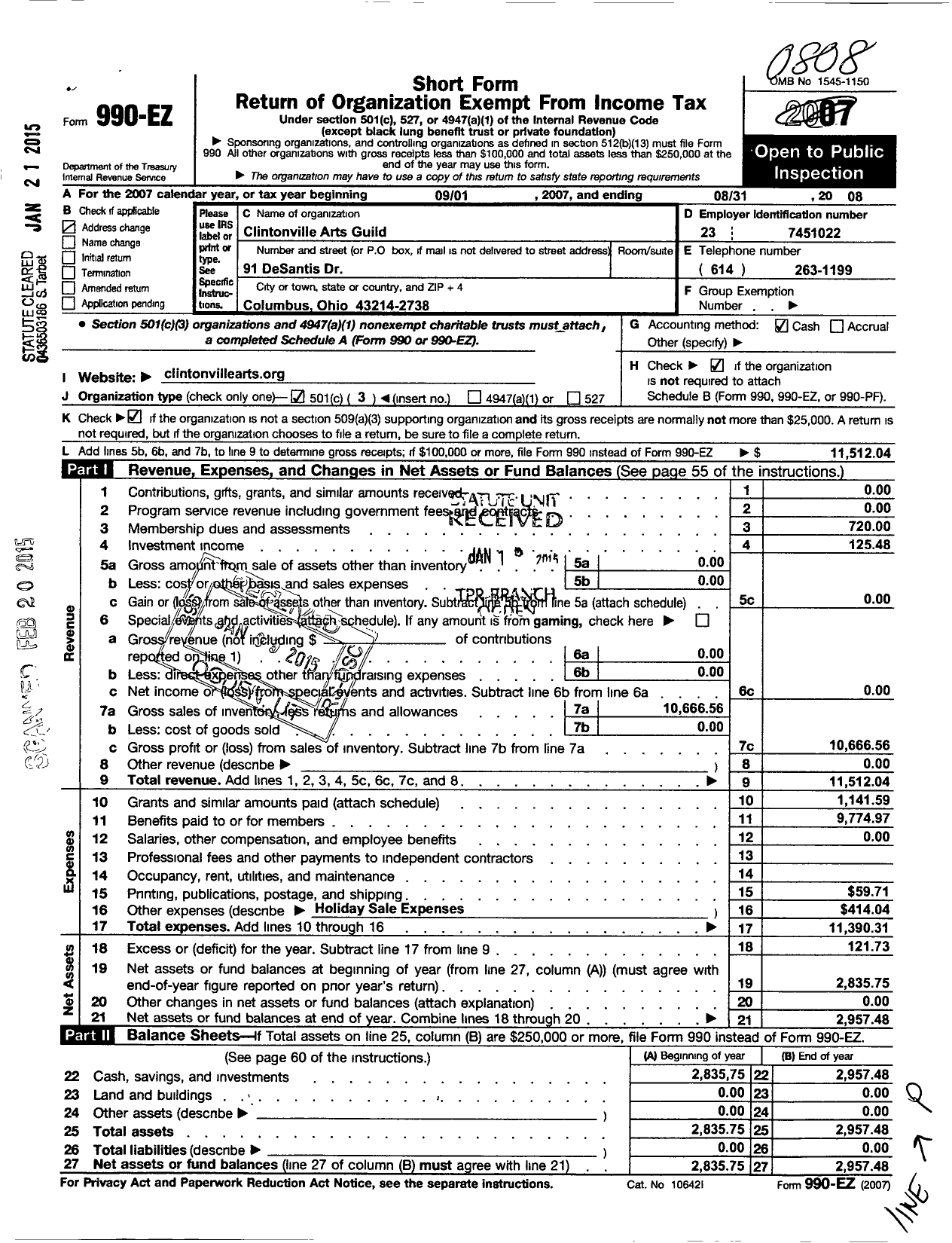 Image of first page of 2007 Form 990EZ for Clintonville Arts Guild