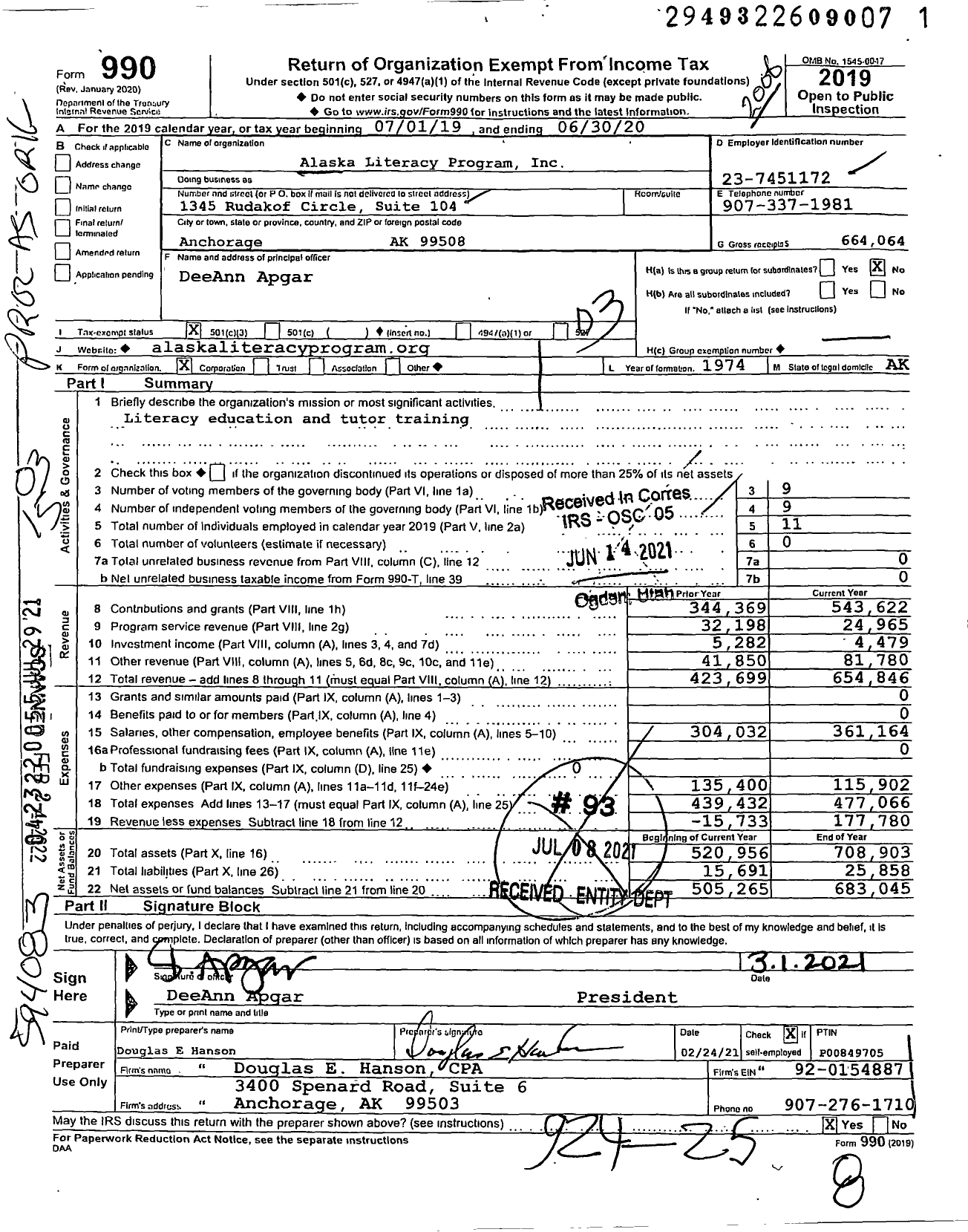 Image of first page of 2019 Form 990 for Alaska Literacy Program