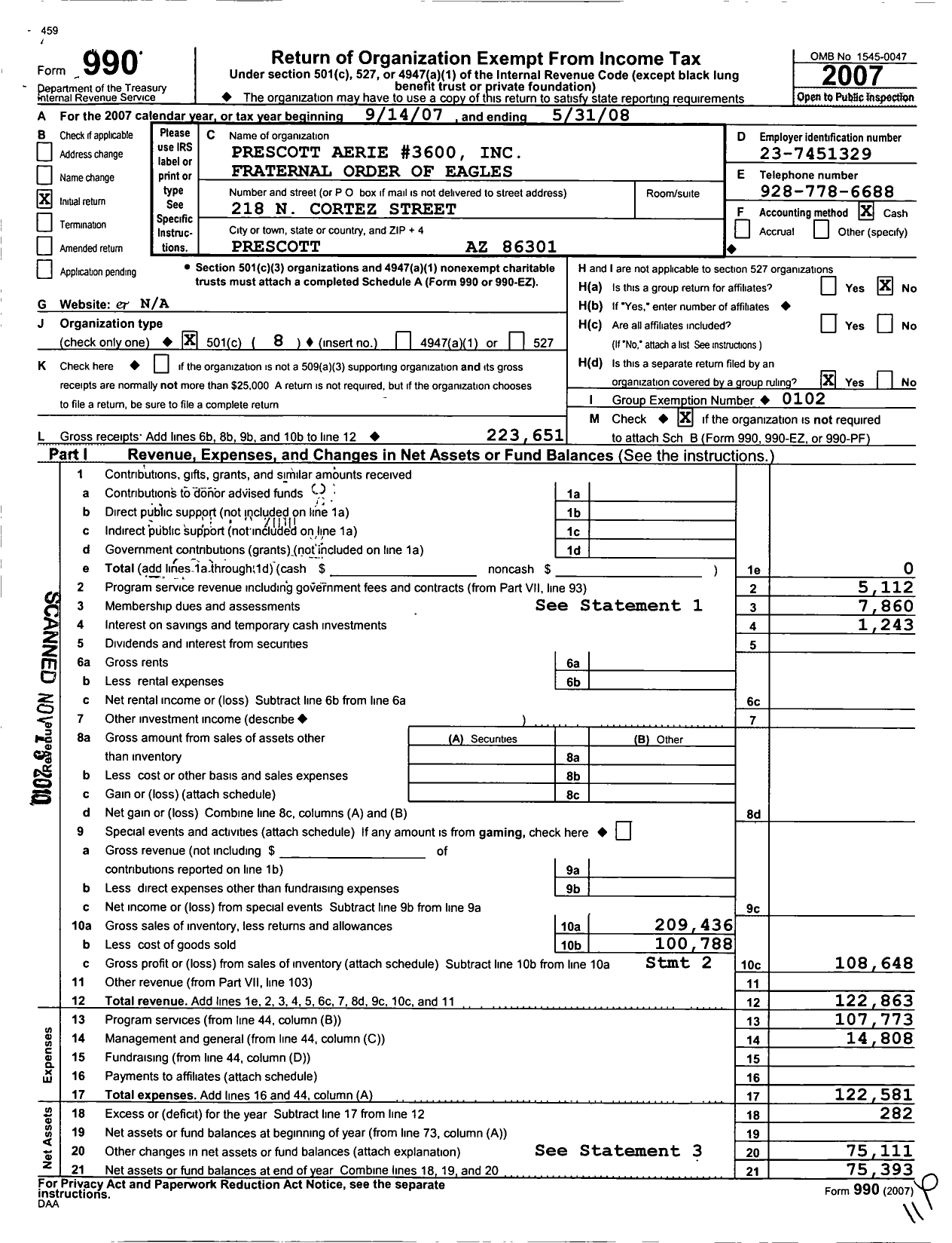 Image of first page of 2007 Form 990O for Fraternal Order of Eagles - 3600 Aux