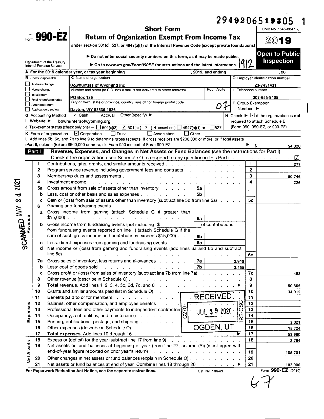 Image of first page of 2019 Form 990EO for Bowhunters of Wyoming