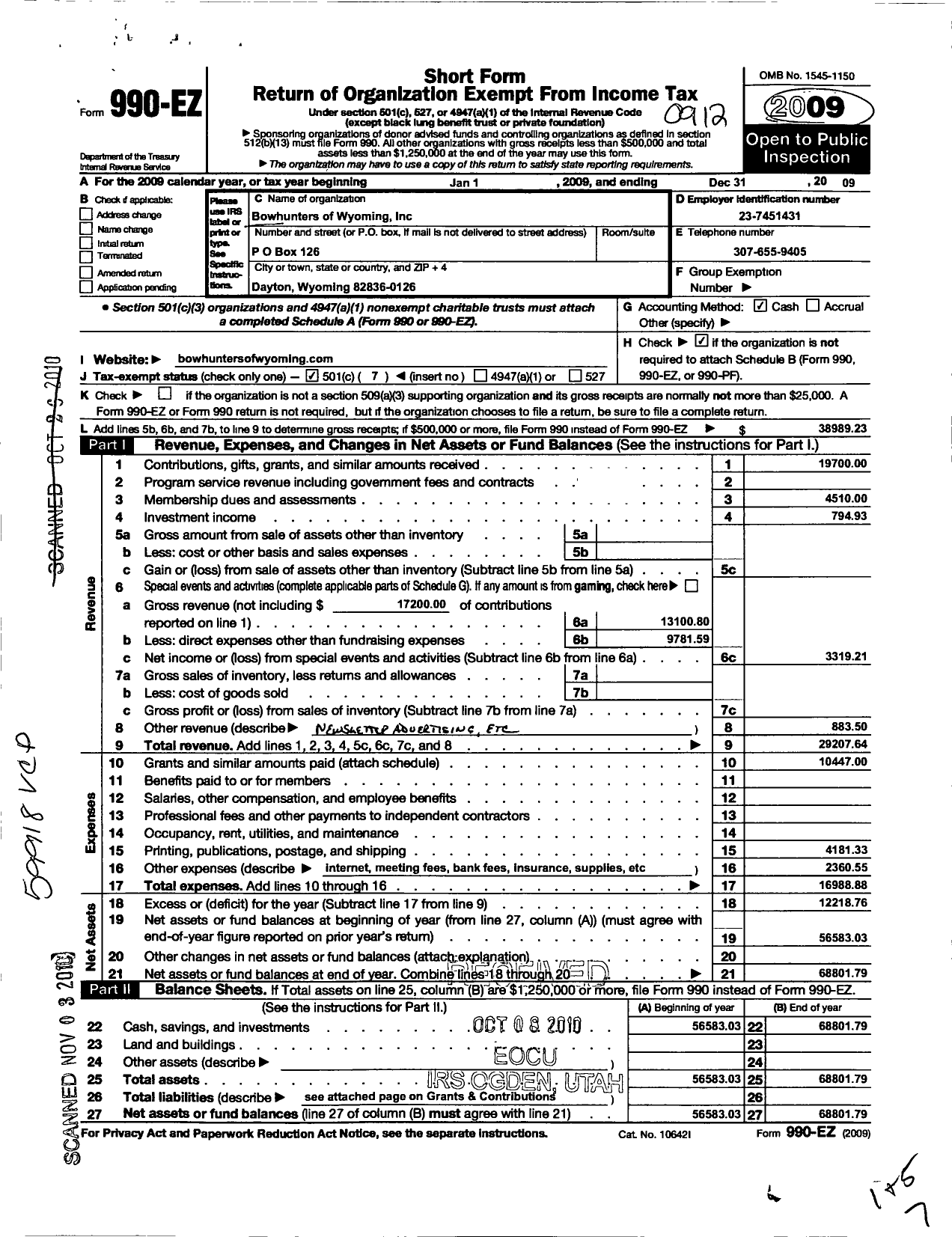 Image of first page of 2009 Form 990EO for Bowhunters of Wyoming