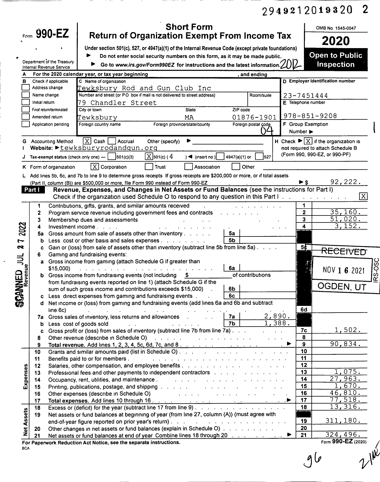 Image of first page of 2020 Form 990EO for Tewksbury Rod and Gun Club