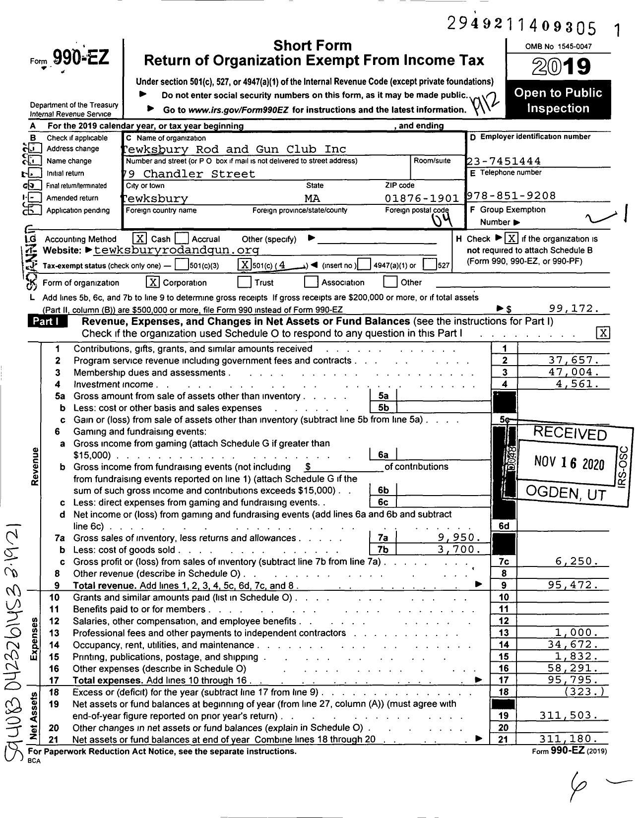 Image of first page of 2019 Form 990EO for Tewksbury Rod and Gun Club