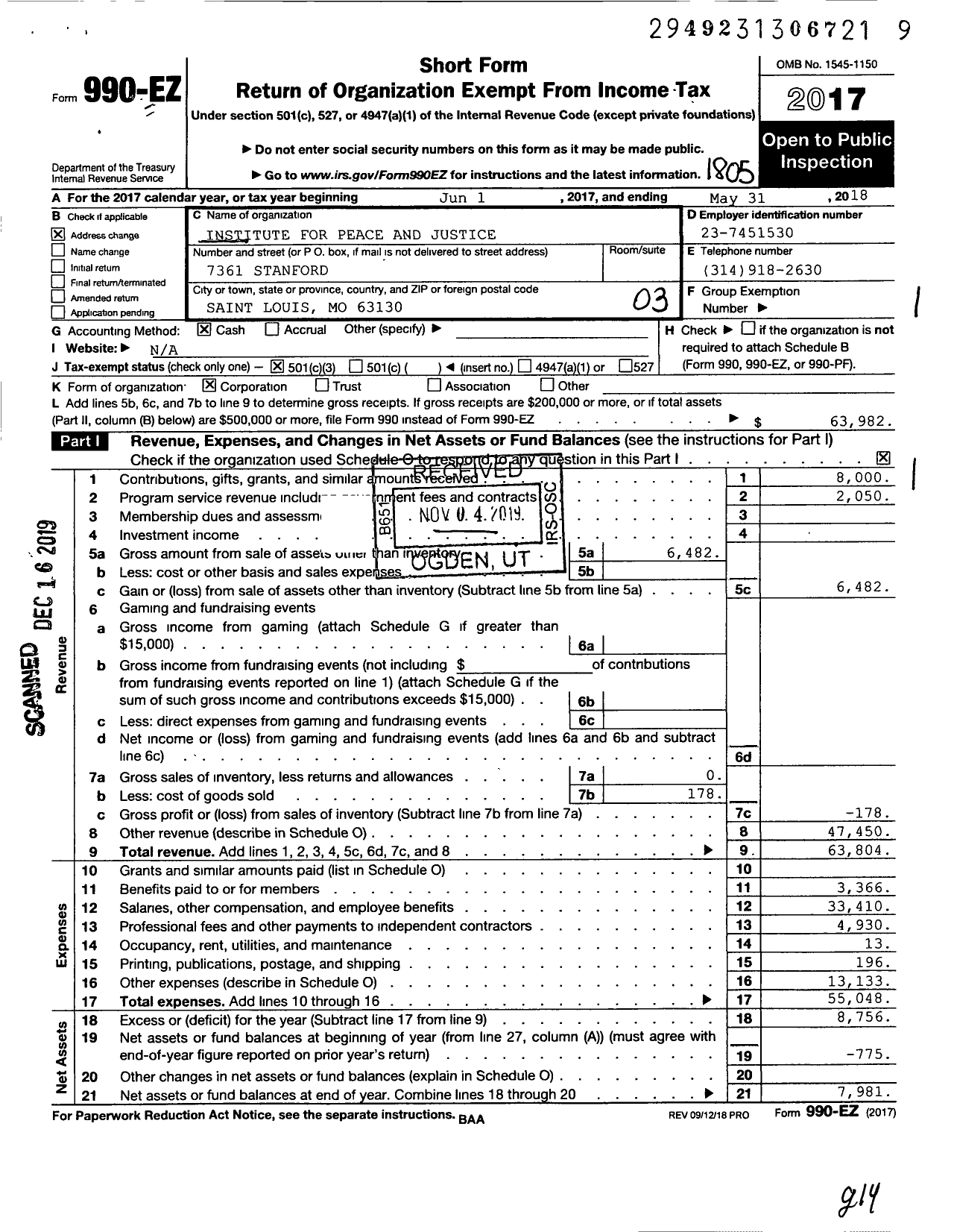 Image of first page of 2017 Form 990EZ for Institute for Peace and Justice