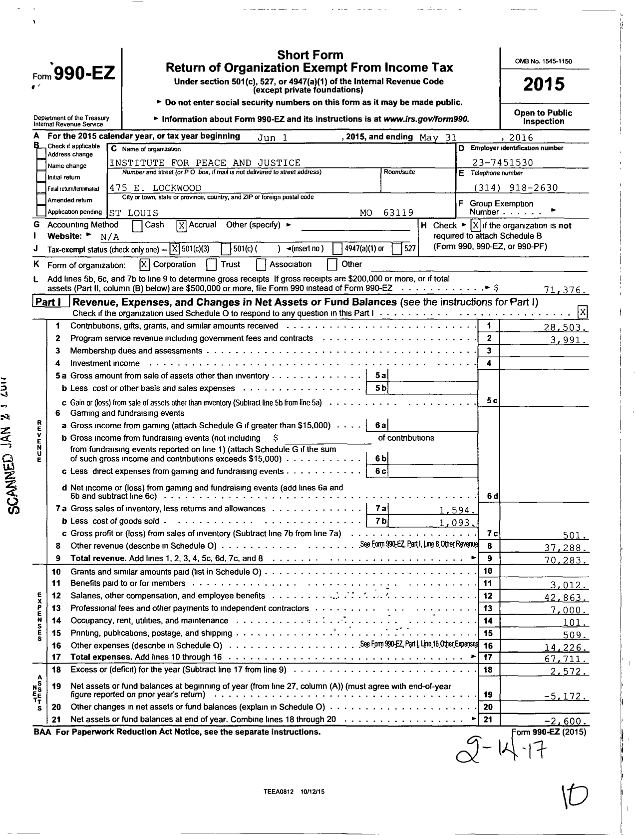 Image of first page of 2015 Form 990EZ for Institute for Peace and Justice