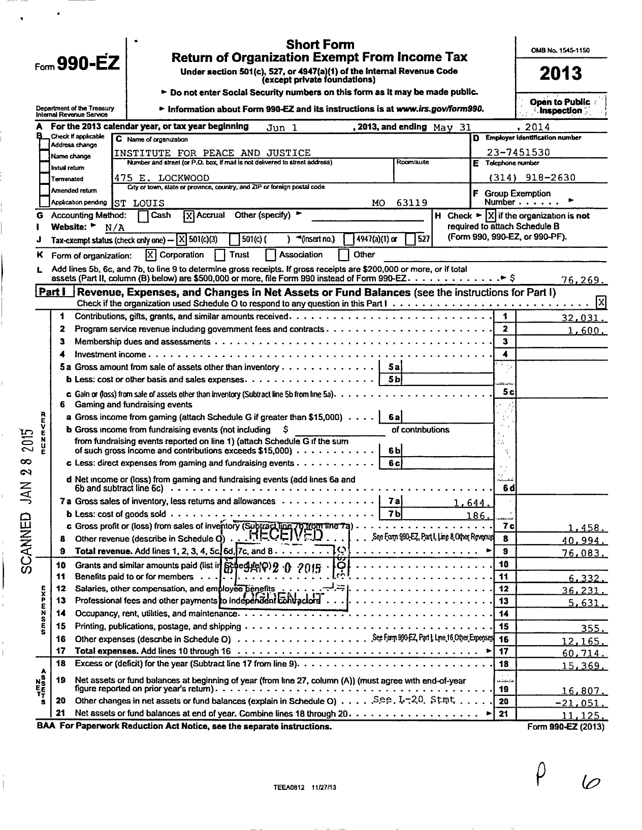 Image of first page of 2013 Form 990EZ for Institute for Peace and Justice