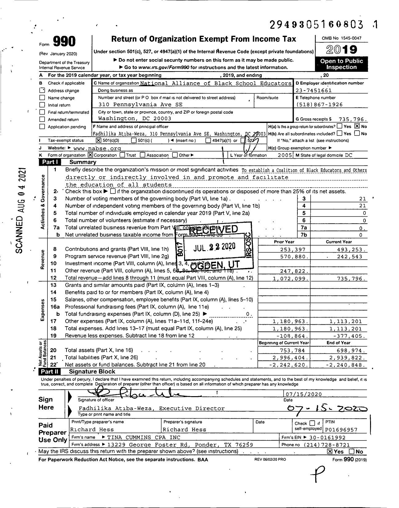 Image of first page of 2019 Form 990 for National Alliance of Black School Educators