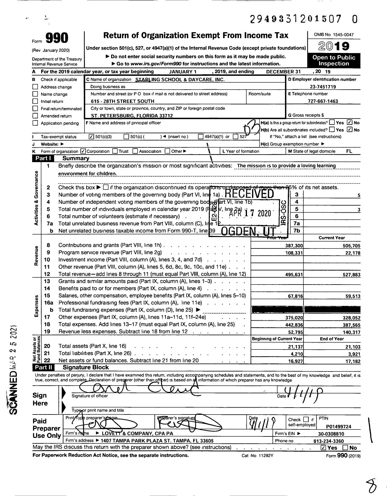 Image of first page of 2019 Form 990 for Starling School and Daycare