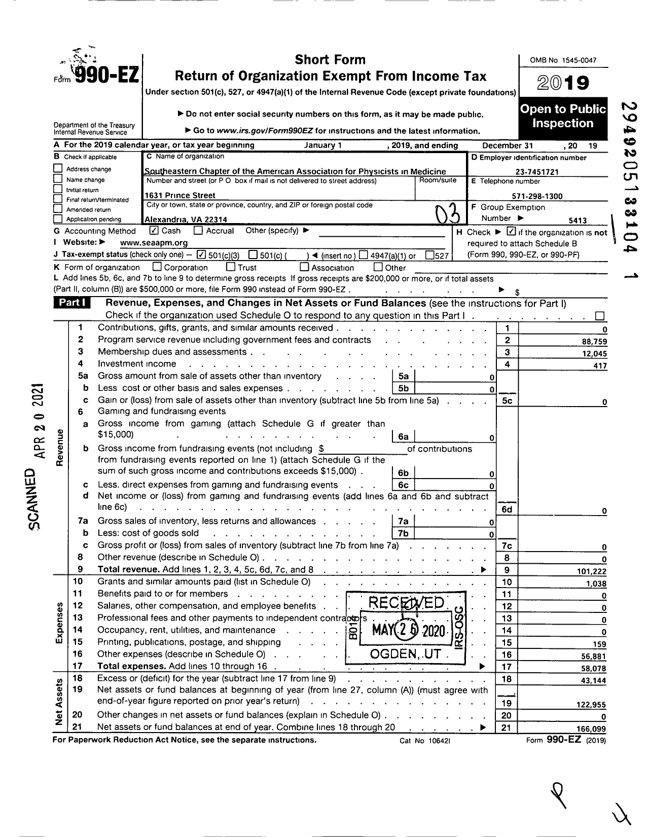 Image of first page of 2019 Form 990EZ for Southeastern Chapter of the American Association of Physicists in Medicine