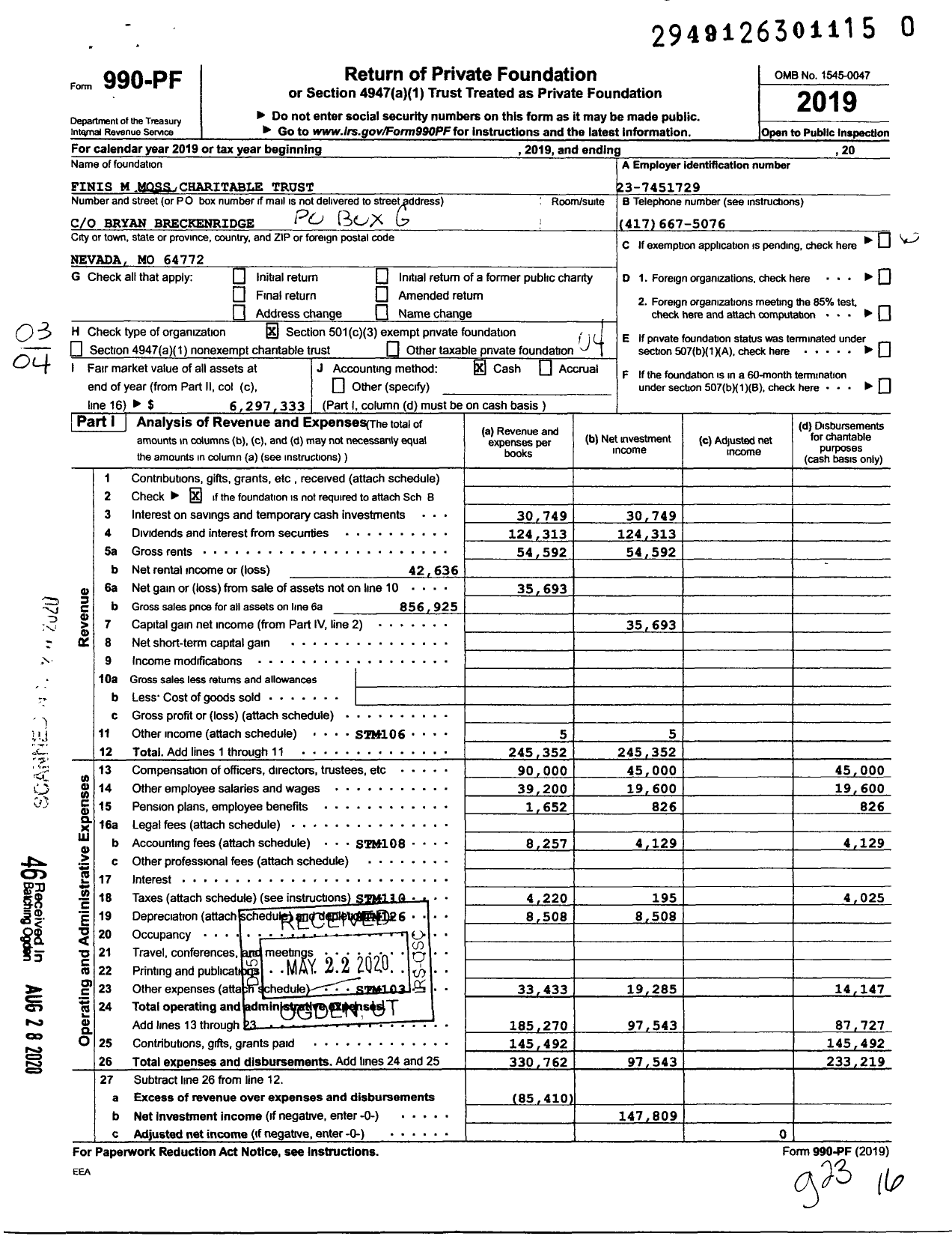 Image of first page of 2019 Form 990PF for Finis M Moss Charitable Trust