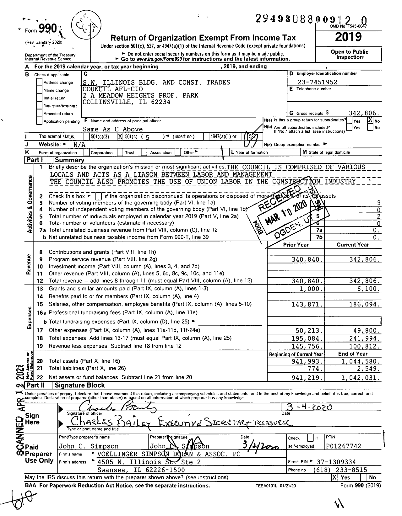 Image of first page of 2019 Form 990O for AFL-CIO - Southwestern Illinois BCTC