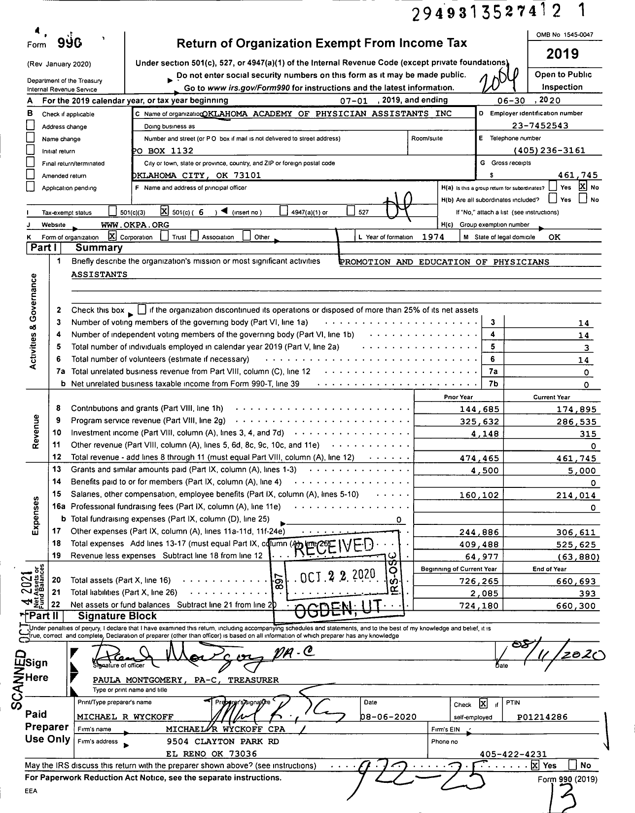 Image of first page of 2019 Form 990O for Oklahoma Academy of Physician Assistants