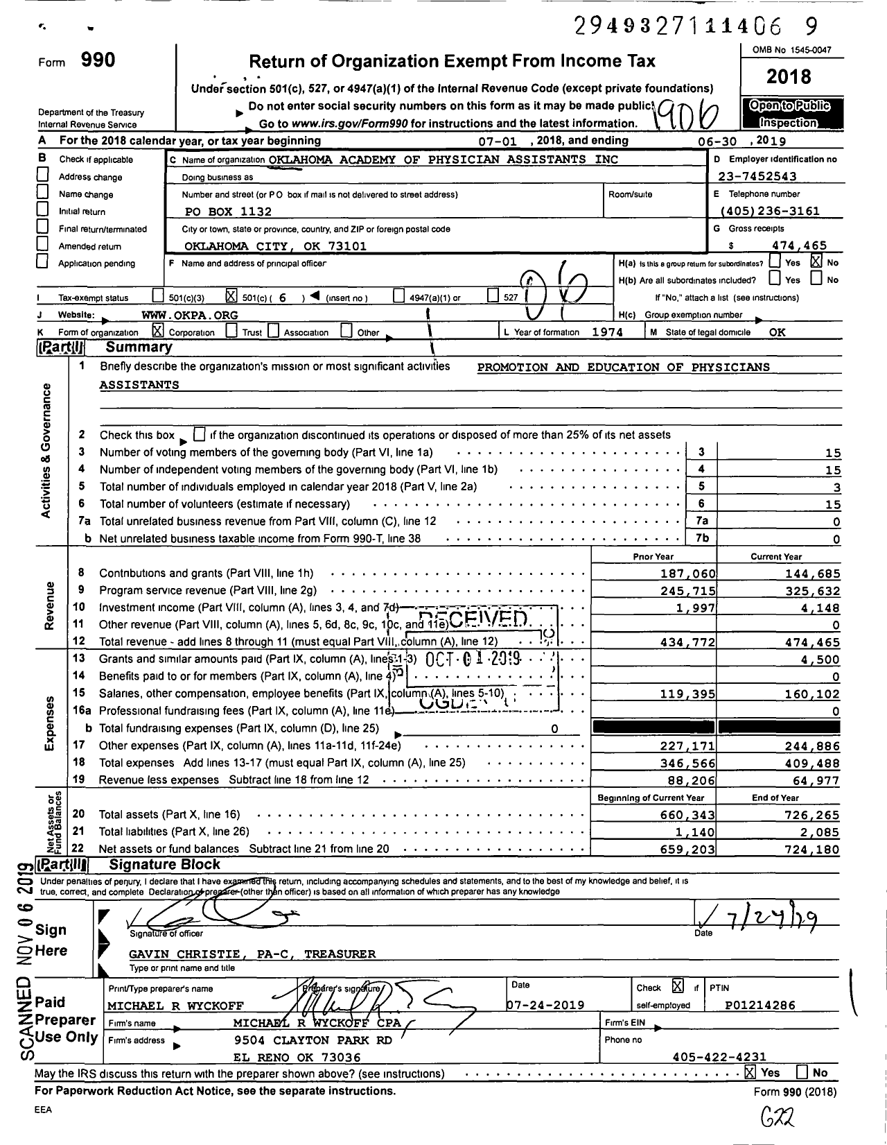 Image of first page of 2018 Form 990O for Oklahoma Academy of Physician Assistants