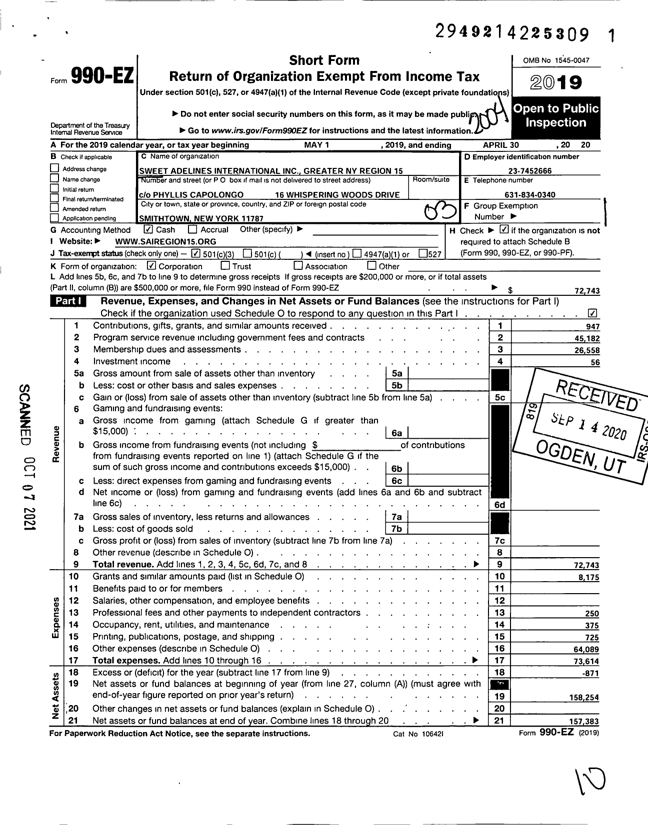 Image of first page of 2019 Form 990EZ for Sweet Adelines International - 15 Greater Ny NJ Region