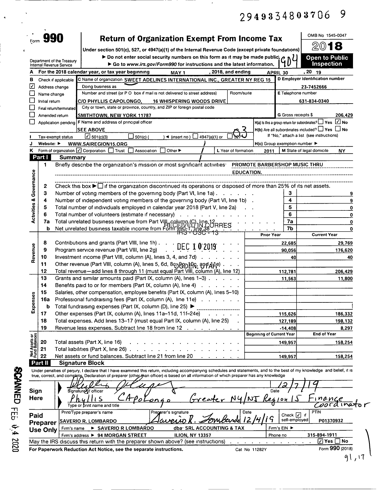 Image of first page of 2018 Form 990 for Sweet Adelines International - 15 Greater Ny NJ Region