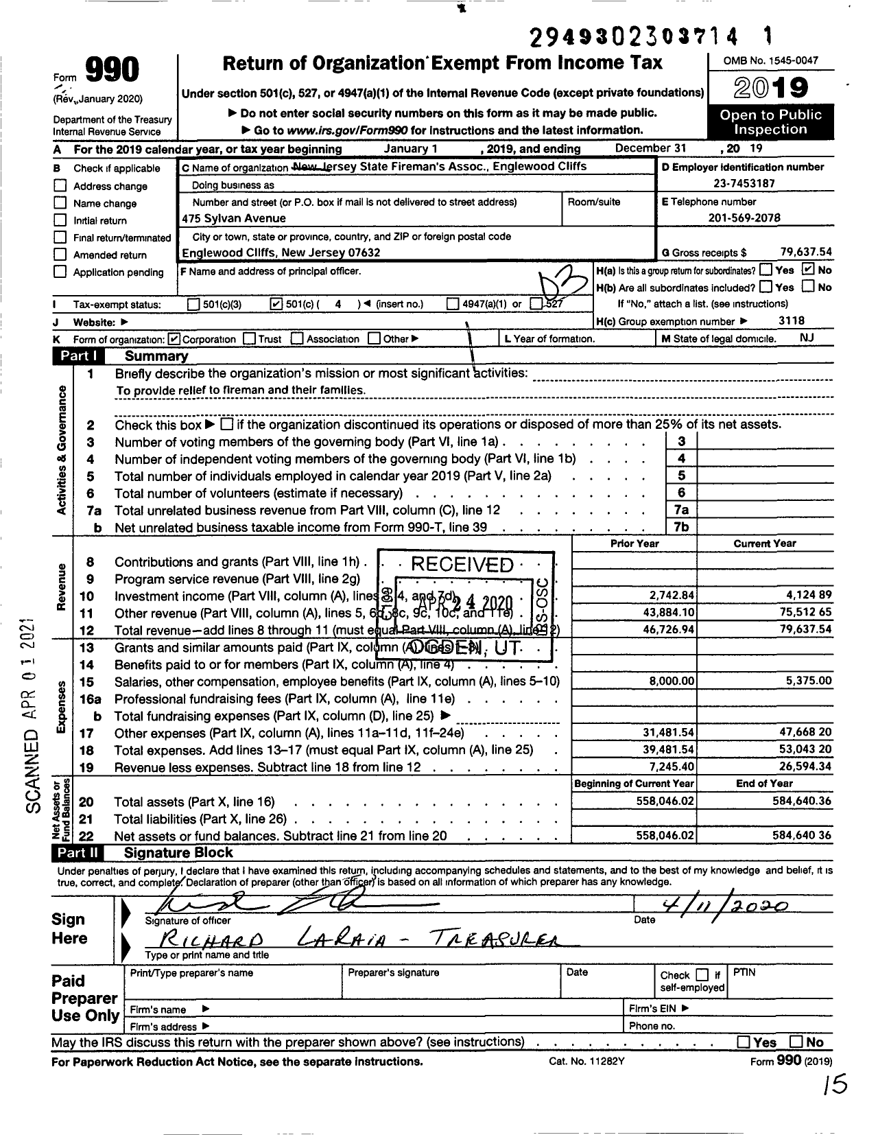 Image of first page of 2019 Form 990 for NEW JERSEY STATE Firemen's ASSOCIATION - Englewood Cliffs