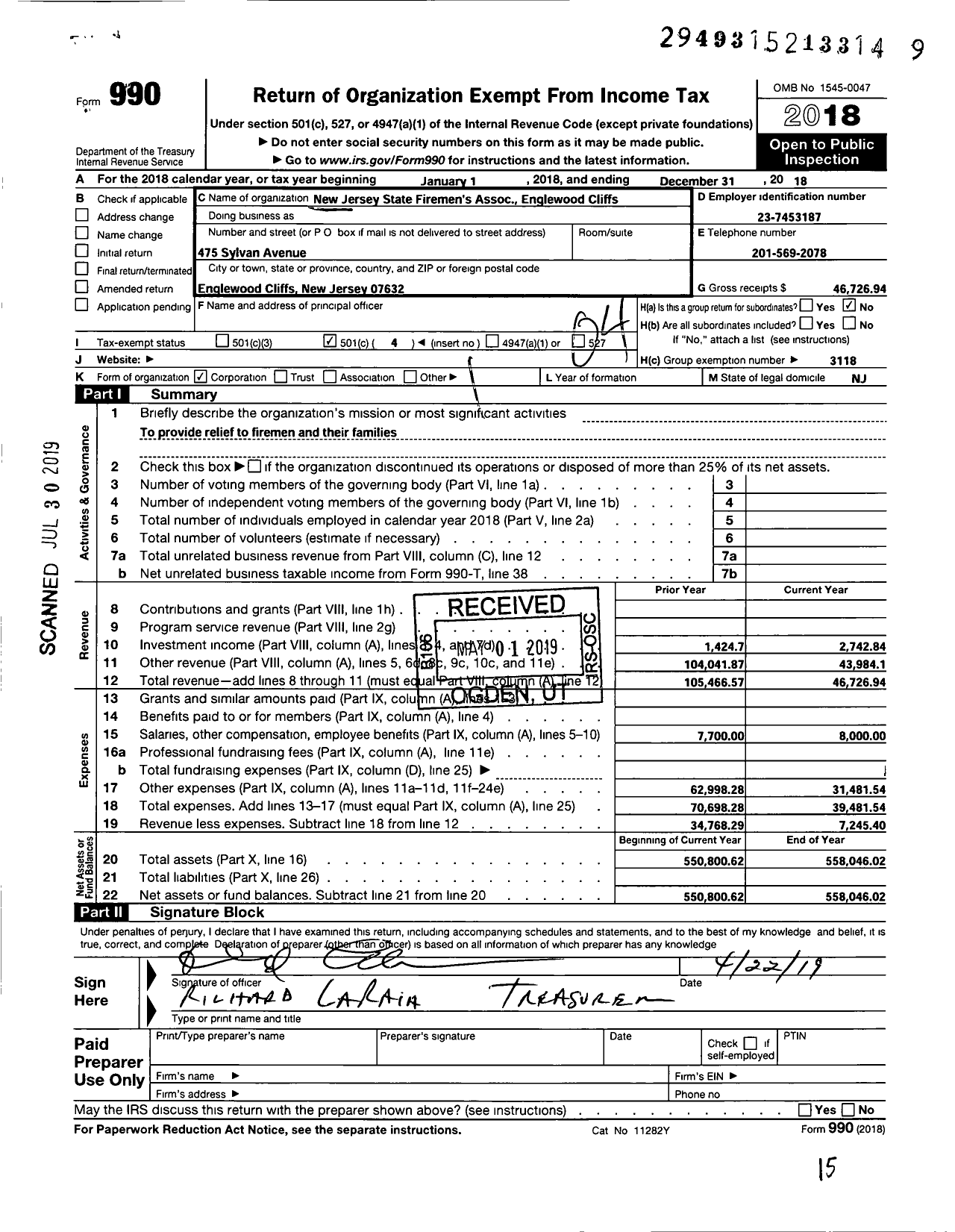 Image of first page of 2018 Form 990O for NEW JERSEY STATE Firemen's ASSOCIATION - Englewood Cliffs