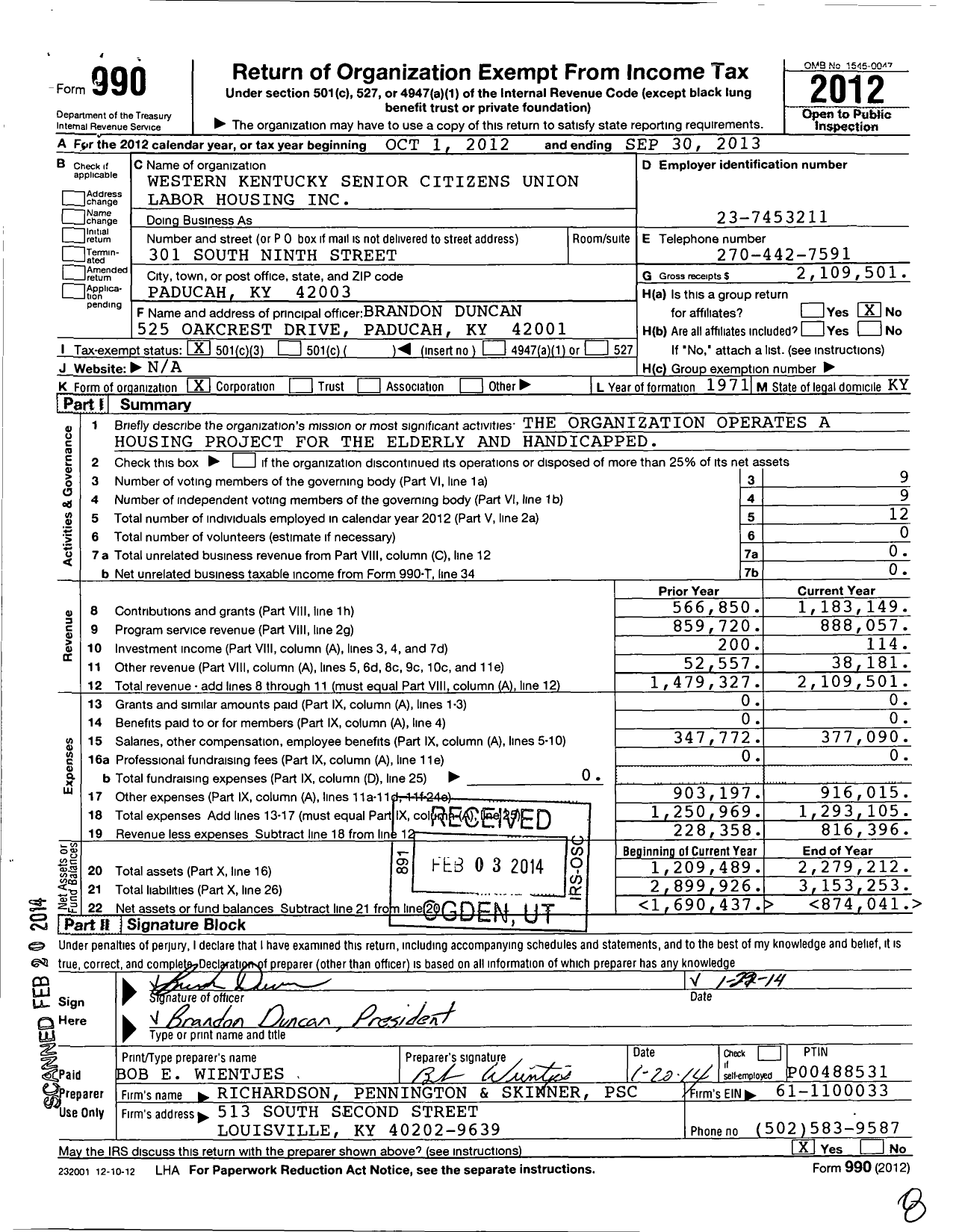 Image of first page of 2012 Form 990 for Western Kentucky Senior Citizens Union Labor Housing