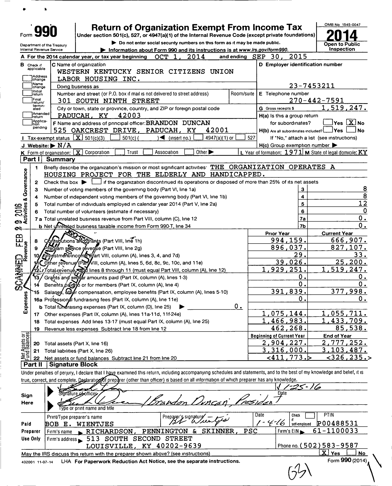 Image of first page of 2014 Form 990 for Western Kentucky Senior Citizens Union Labor Housing