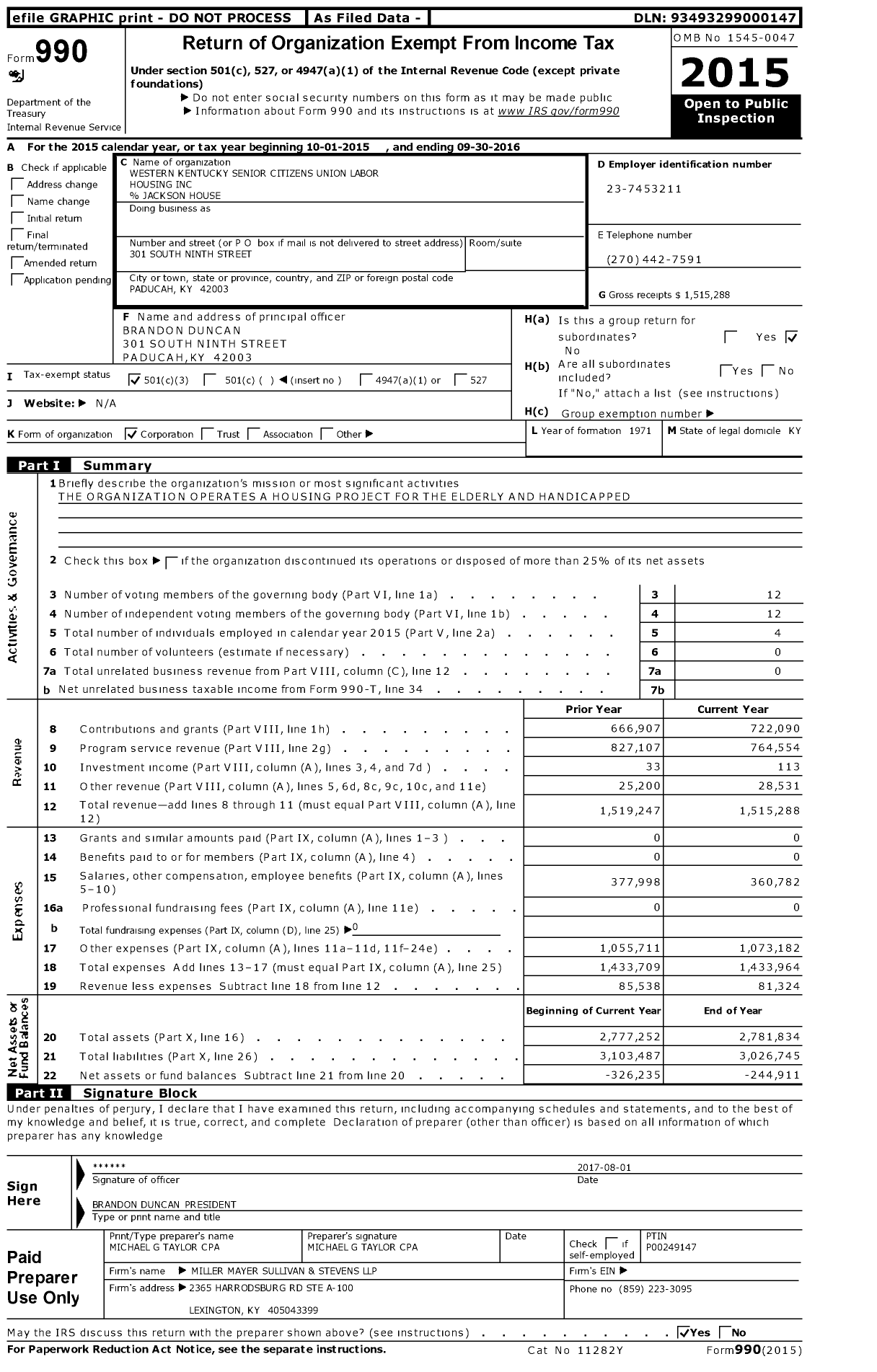 Image of first page of 2015 Form 990 for Western Kentucky Senior Citizens Union Labor Housing