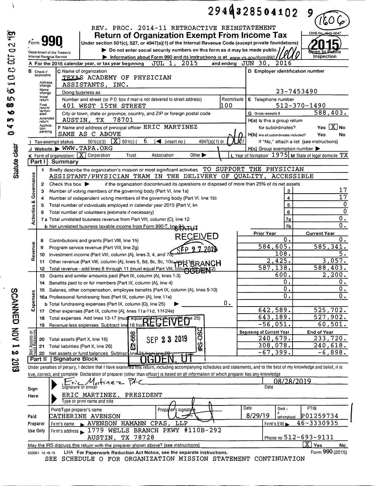 Image of first page of 2015 Form 990O for Texas Academy of Physician Assistants