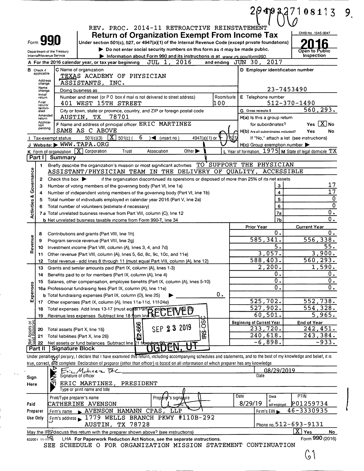 Image of first page of 2016 Form 990O for Texas Academy of Physician Assistants