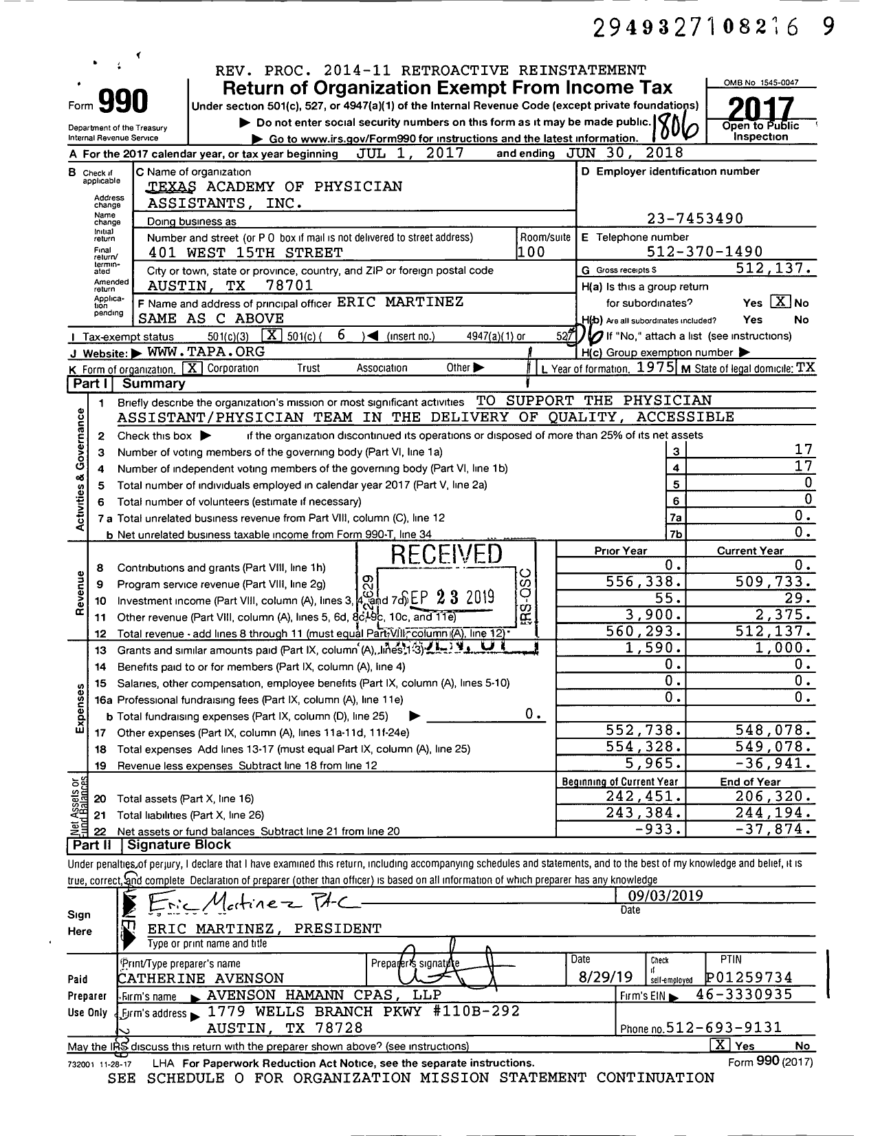 Image of first page of 2017 Form 990O for Texas Academy of Physician Assistants