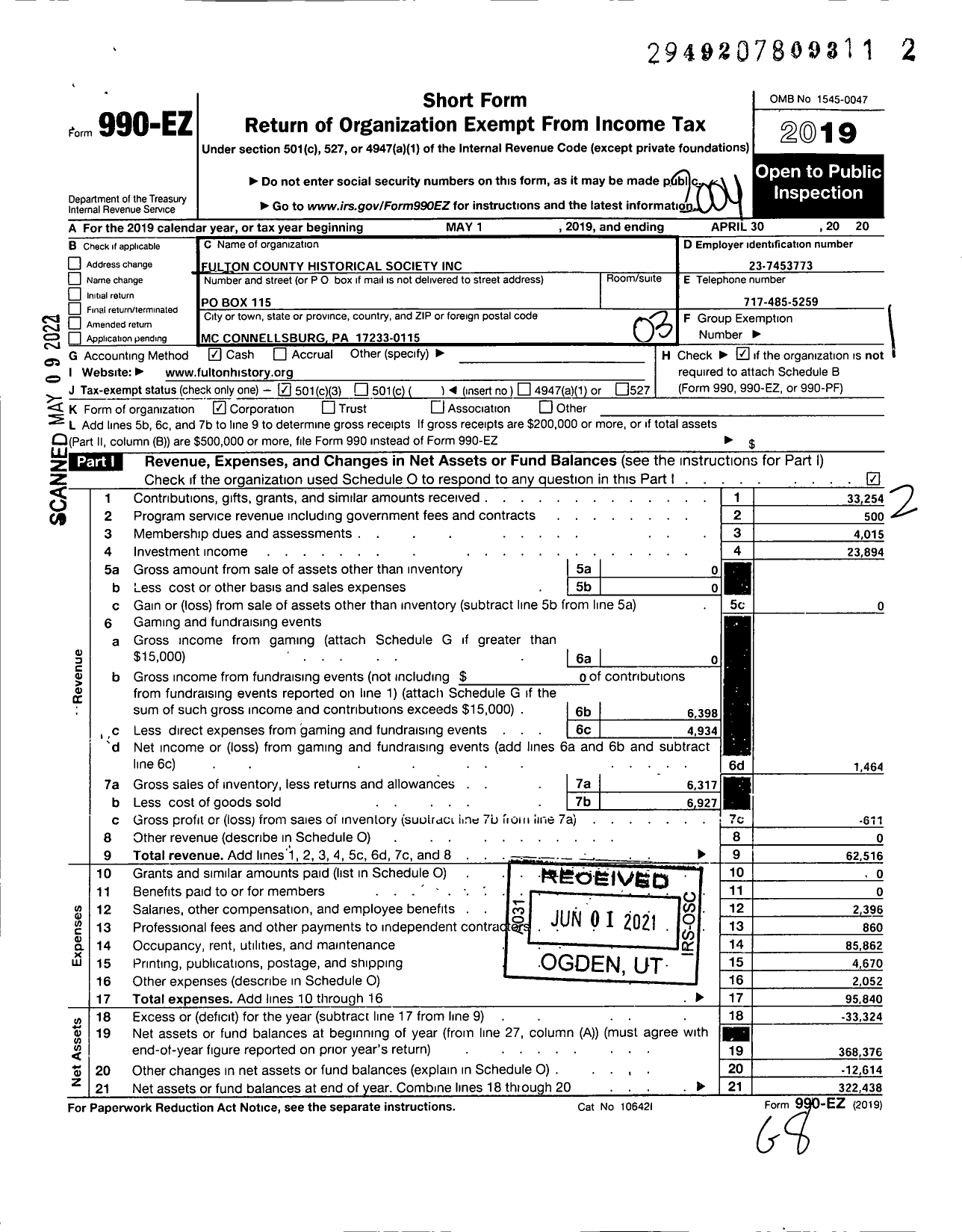 Image of first page of 2019 Form 990EZ for Fulton County Historical Society