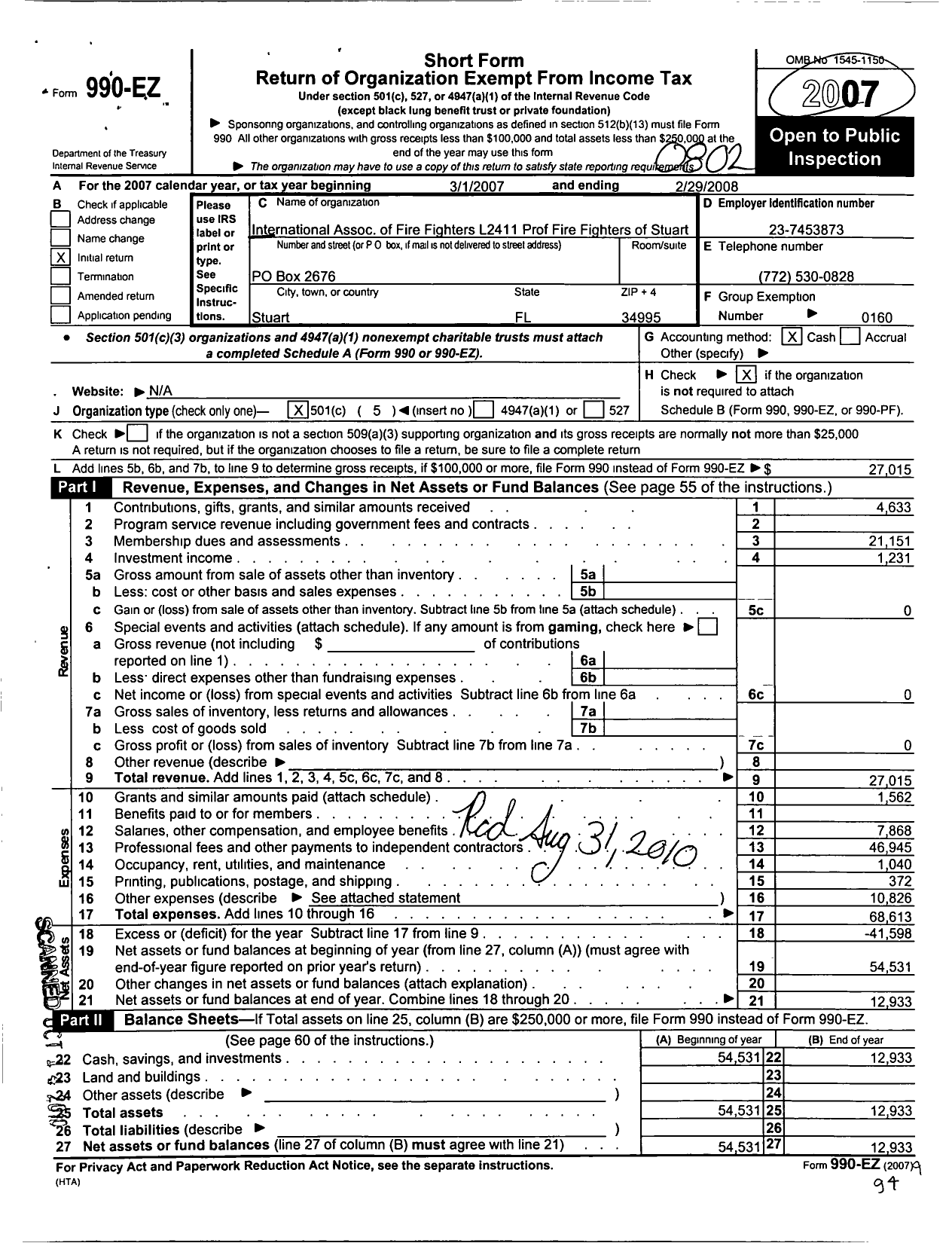 Image of first page of 2007 Form 990EO for International Association of Fire Fighters - L2411 Prof Fire Fighters of Stuart