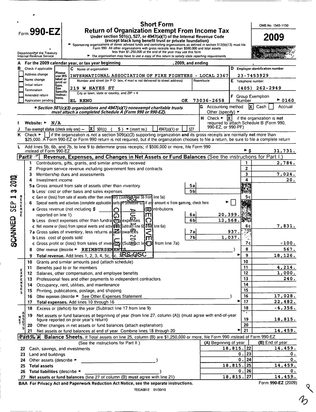 Image of first page of 2009 Form 990EO for International Association of Fire Fighters - L2367 El Reno