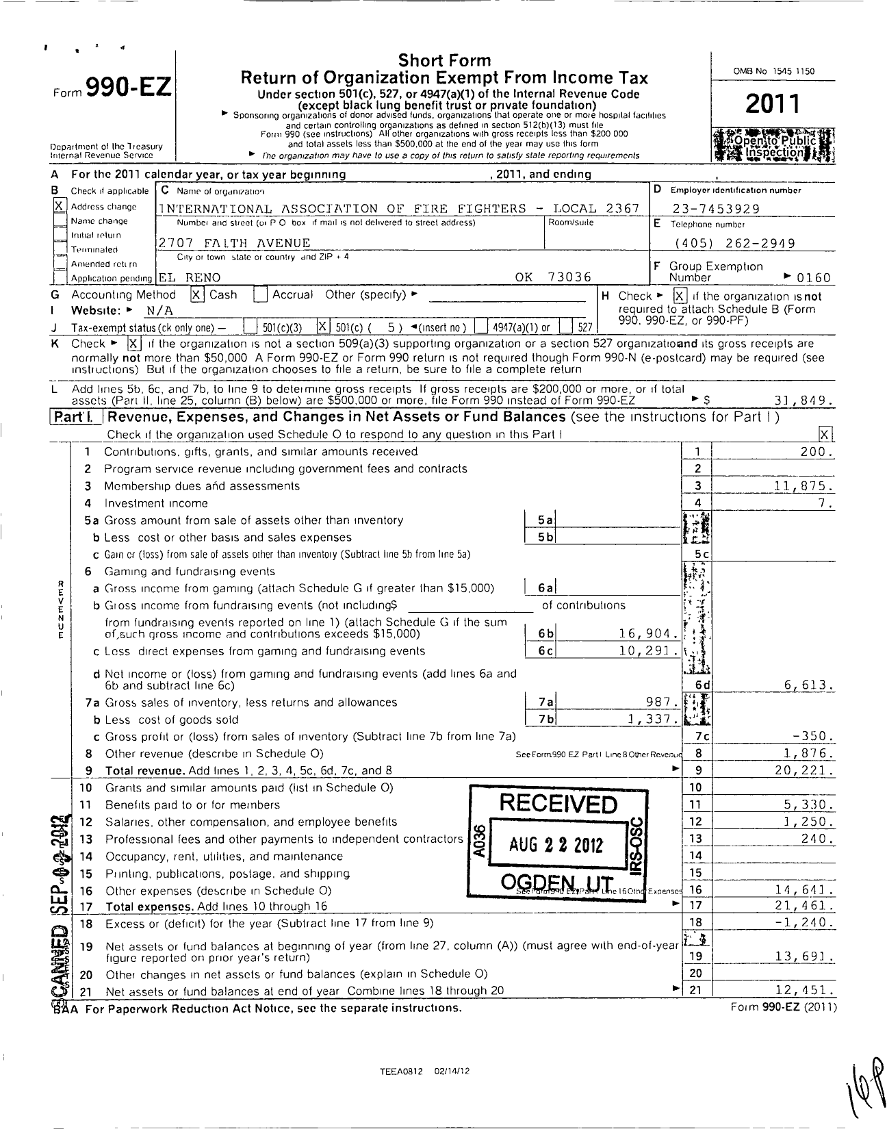 Image of first page of 2011 Form 990EO for International Association of Fire Fighters - L2367 El Reno