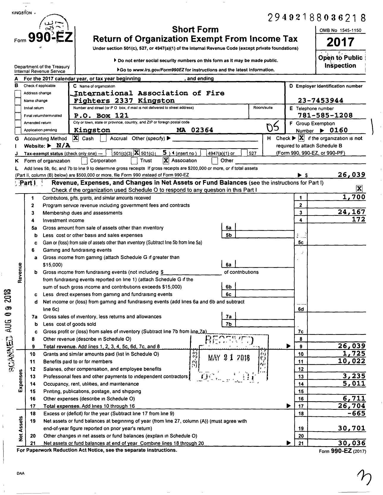 Image of first page of 2017 Form 990EO for International Association of Fire Fighters - L2337 Kingston