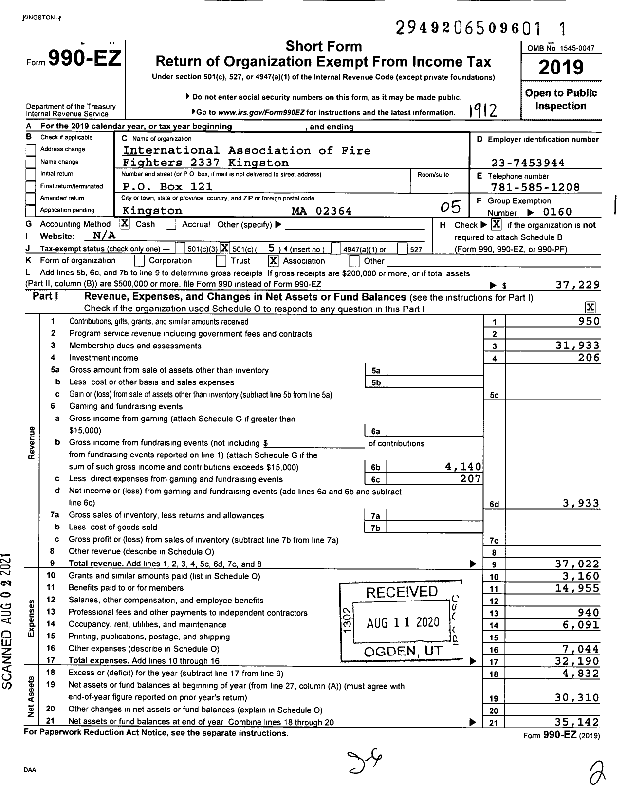 Image of first page of 2019 Form 990EO for International Association of Fire Fighters - L2337 Kingston