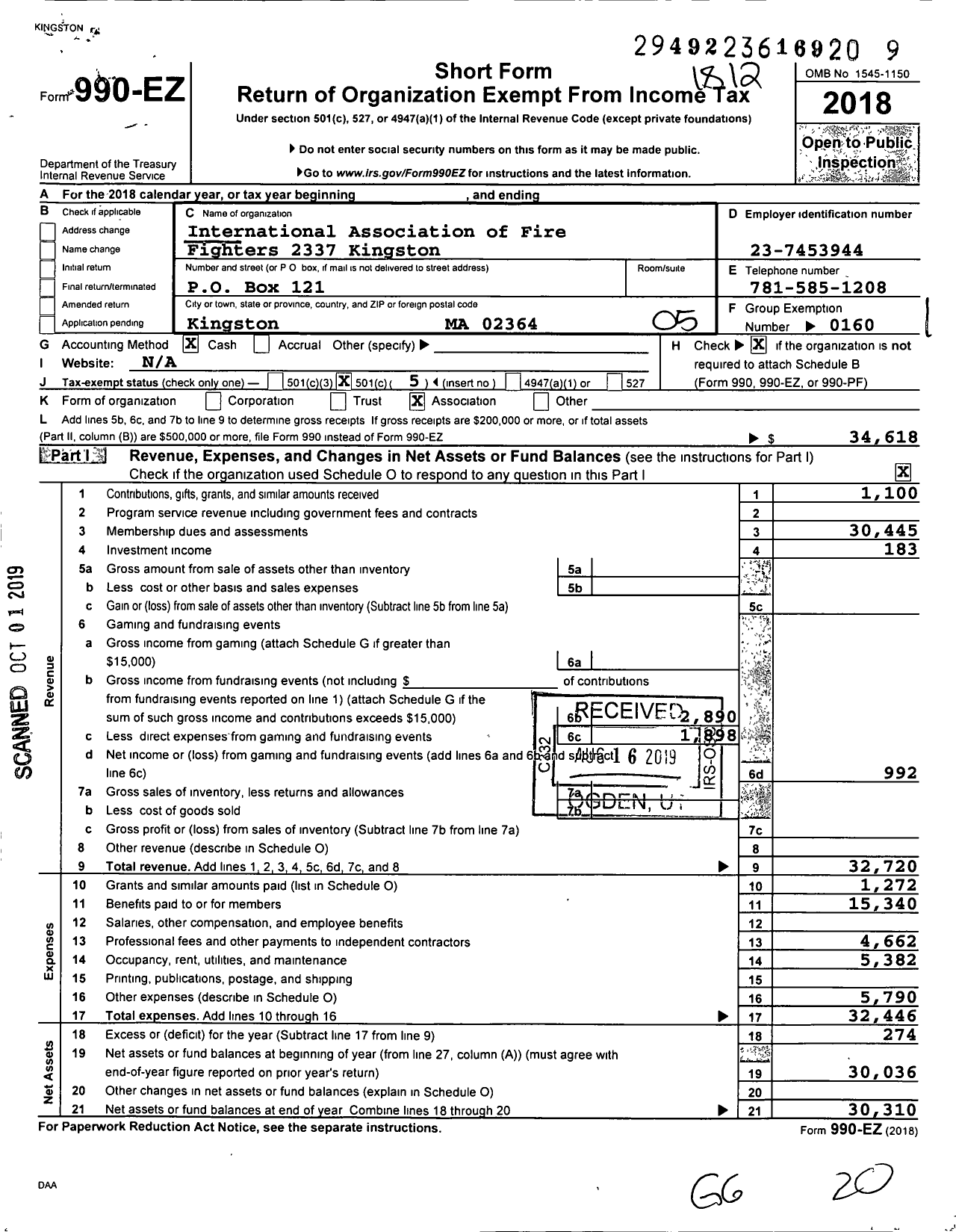 Image of first page of 2018 Form 990EO for International Association of Fire Fighters - L2337 Kingston