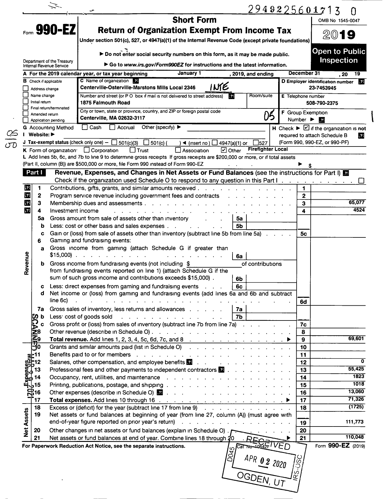 Image of first page of 2019 Form 990EO for International Association of Fire Fighters - L2346 Centerville-Osterville