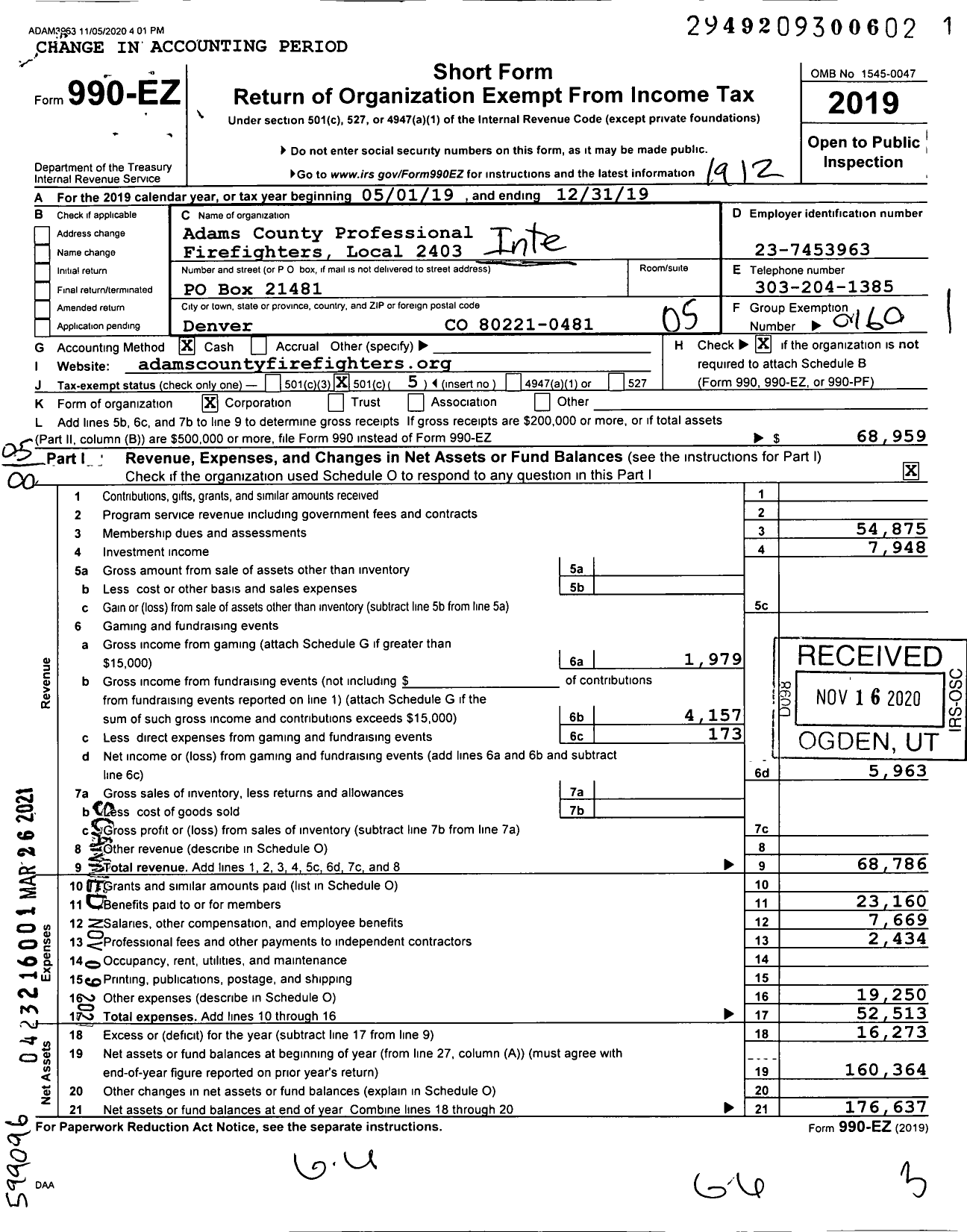 Image of first page of 2019 Form 990EO for International Association of Fire Fighters - Local 2403 Adams County Professiona