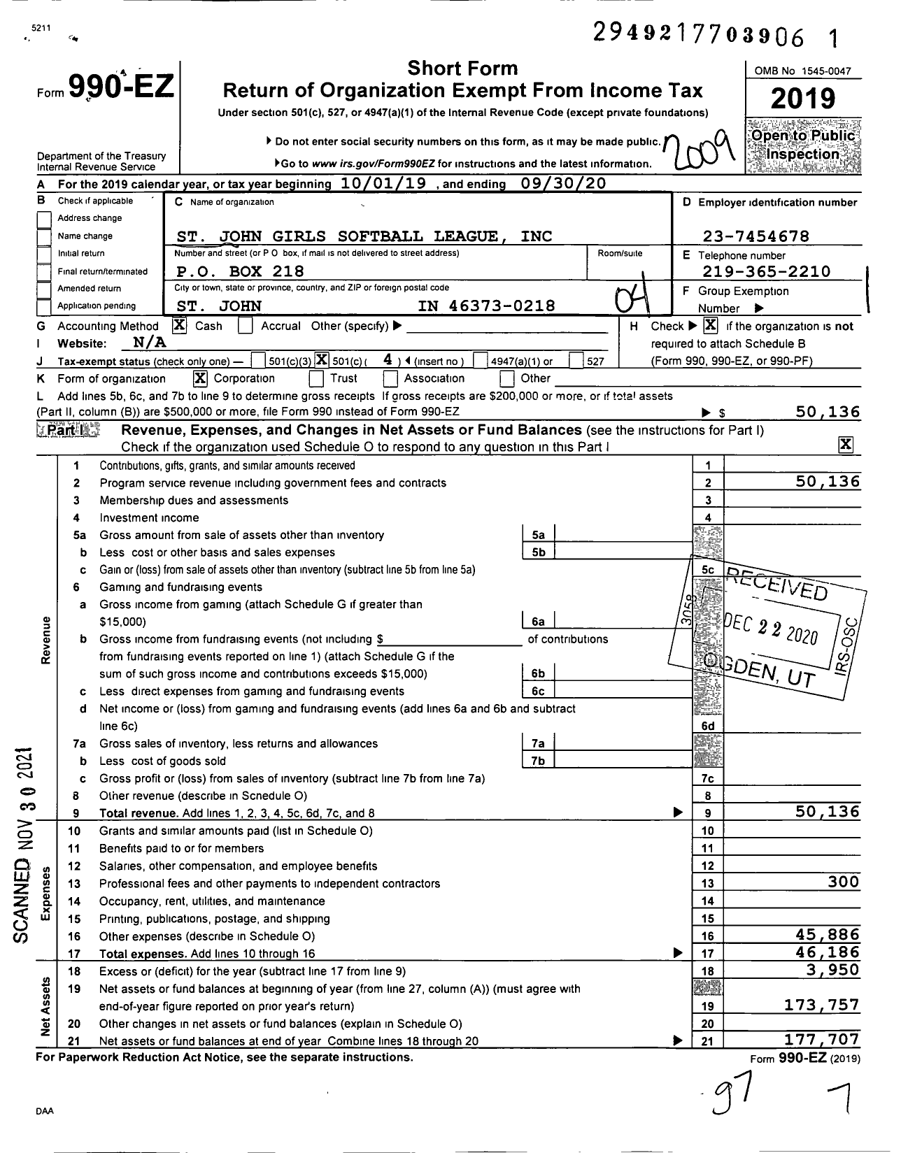 Image of first page of 2019 Form 990EO for St John Girls Softball League