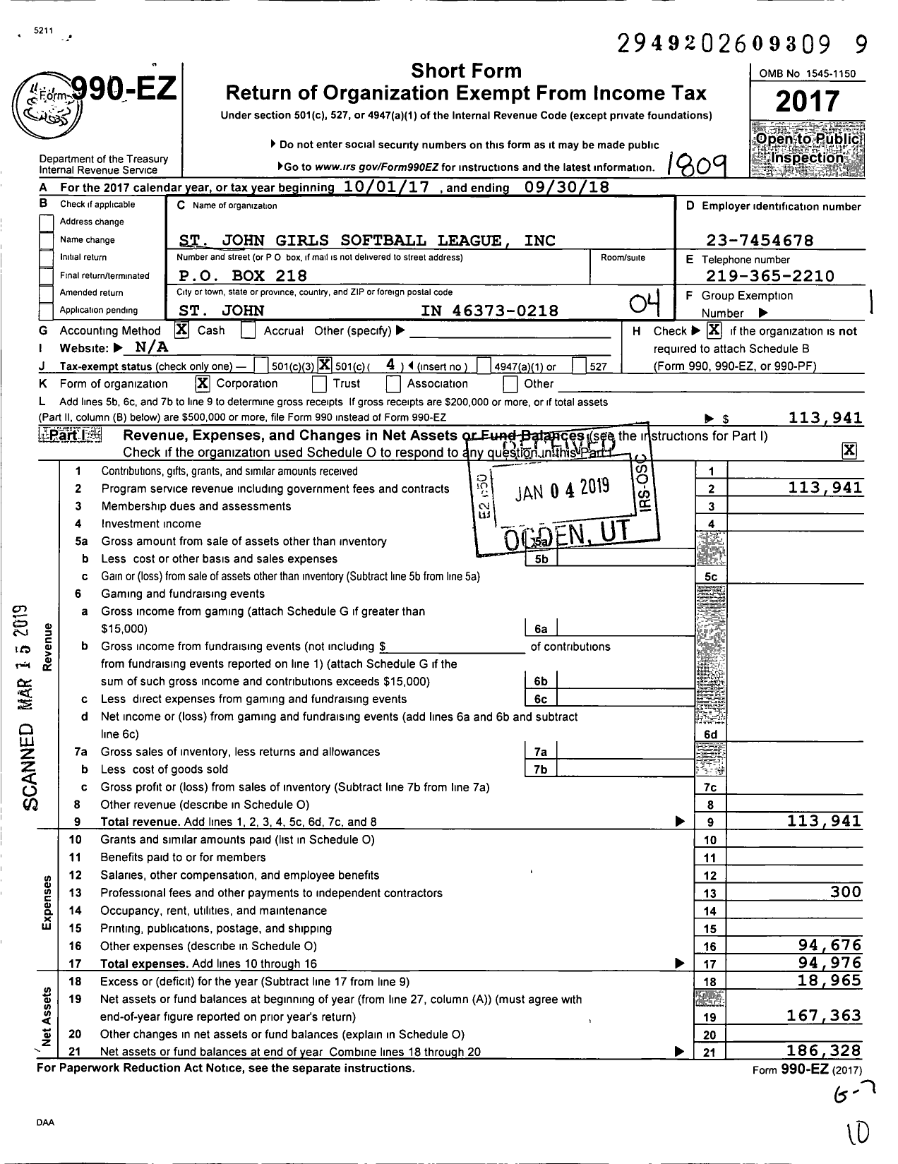 Image of first page of 2017 Form 990EO for St John Girls Softball League