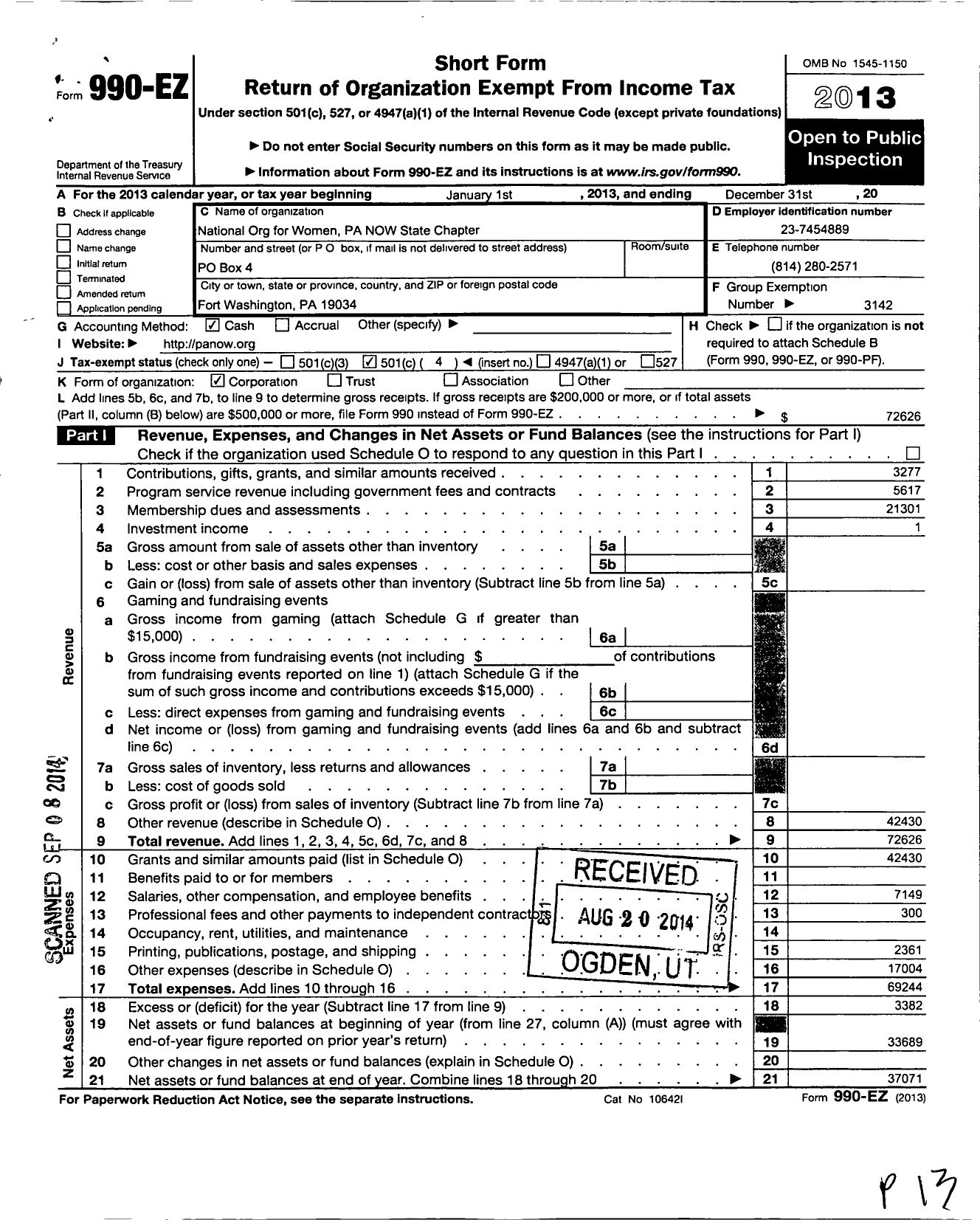 Image of first page of 2013 Form 990EO for National Organization for Women / Pa0000 Pennsylvania Now