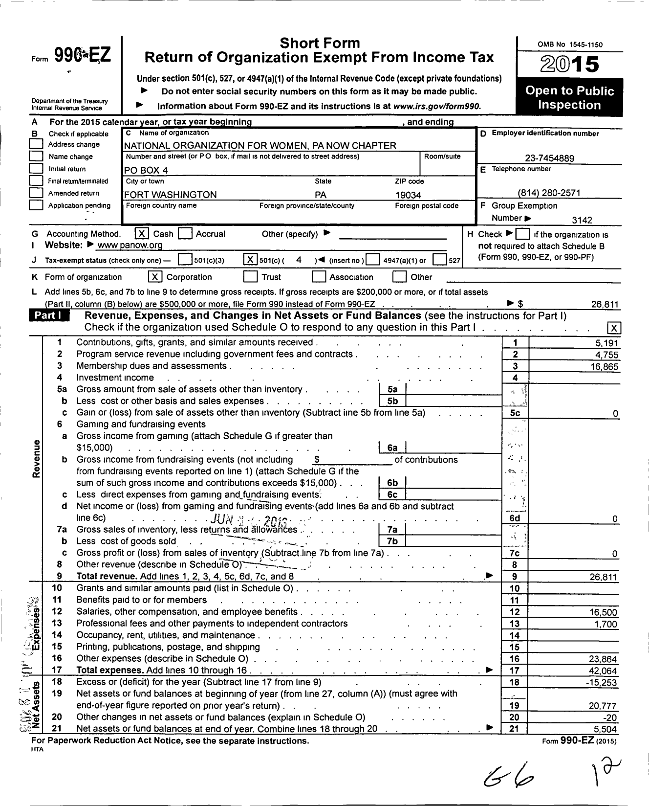 Image of first page of 2015 Form 990EO for National Organization for Women / Pa0000 Pennsylvania Now