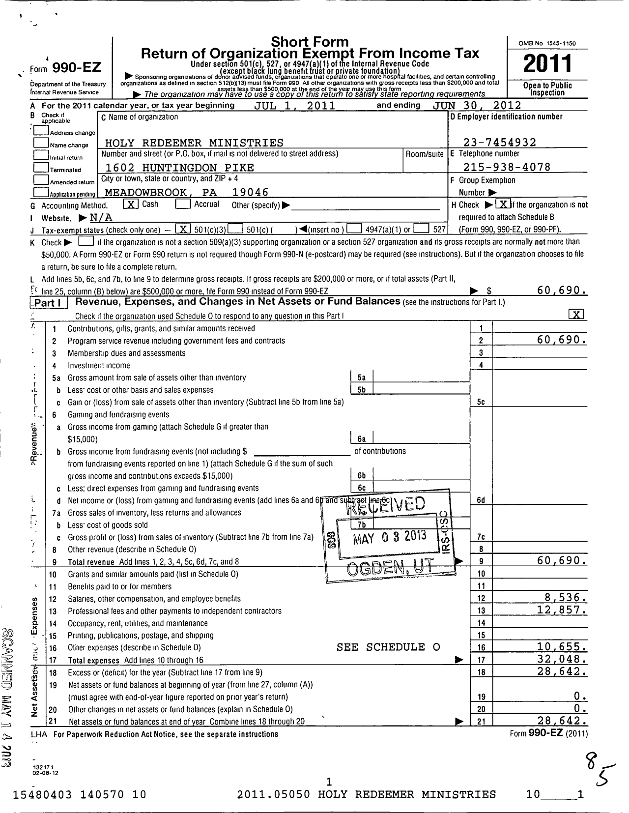 Image of first page of 2011 Form 990EZ for Holy Redeemer Ministries