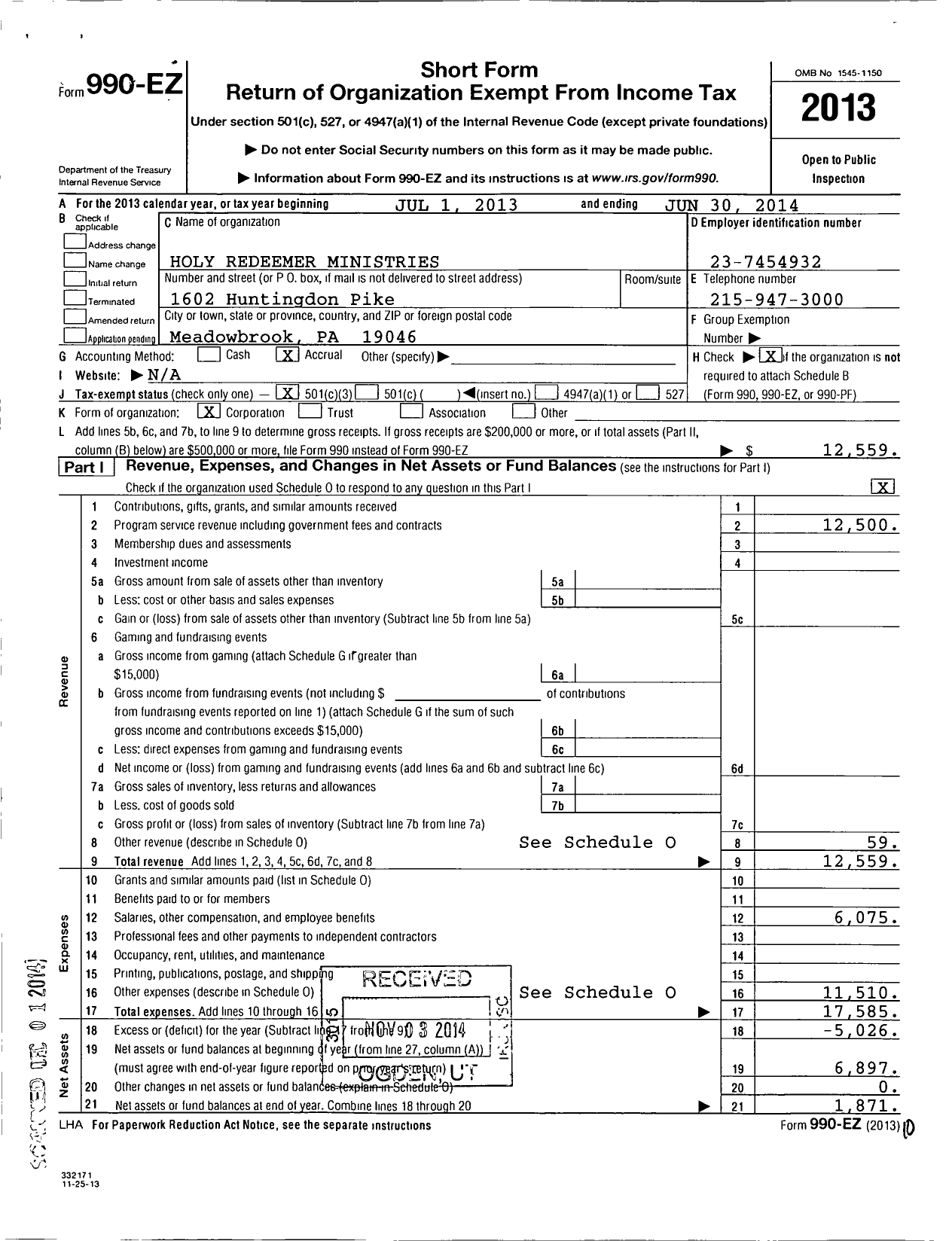 Image of first page of 2013 Form 990EZ for Holy Redeemer Ministries