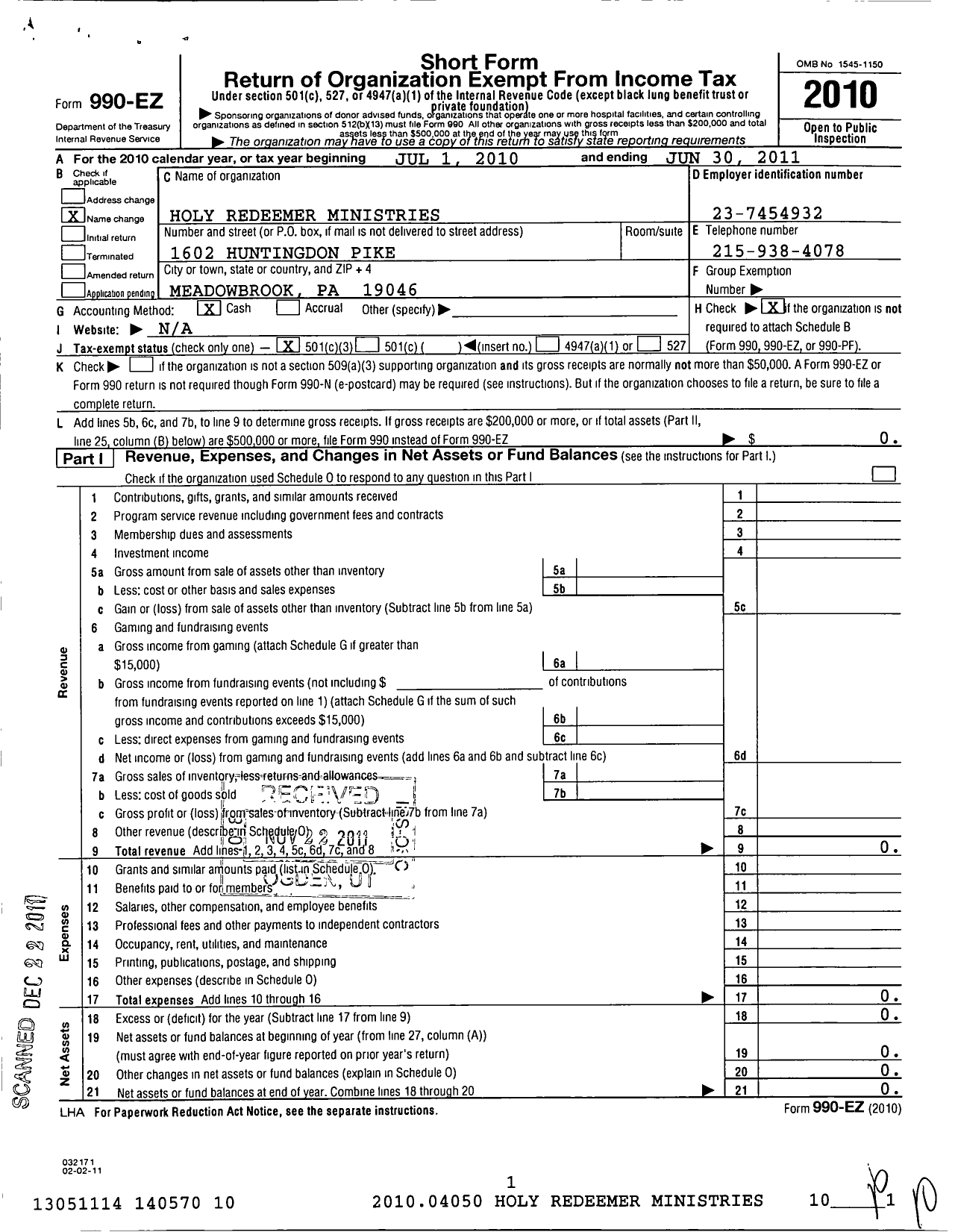 Image of first page of 2010 Form 990EZ for Holy Redeemer Ministries