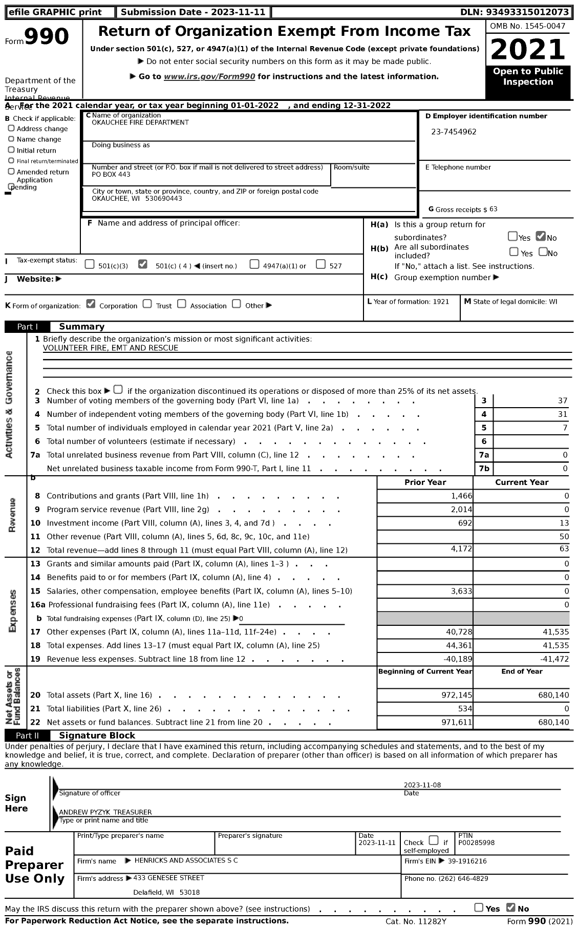 Image of first page of 2022 Form 990 for Okauchee Fire Department