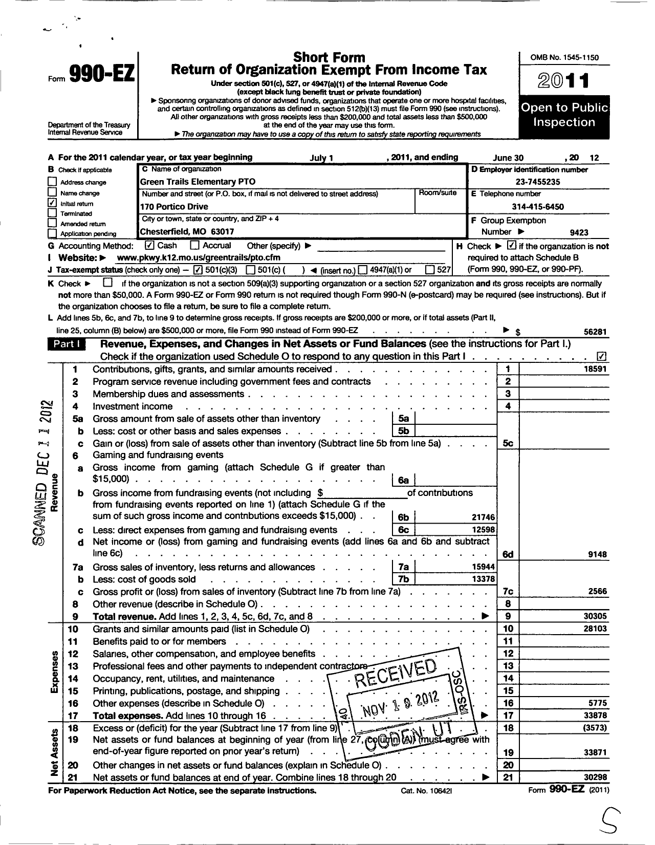 Image of first page of 2011 Form 990EZ for Parkway School District Parent Teacher Organization Council / Green Trails Elementary Pto