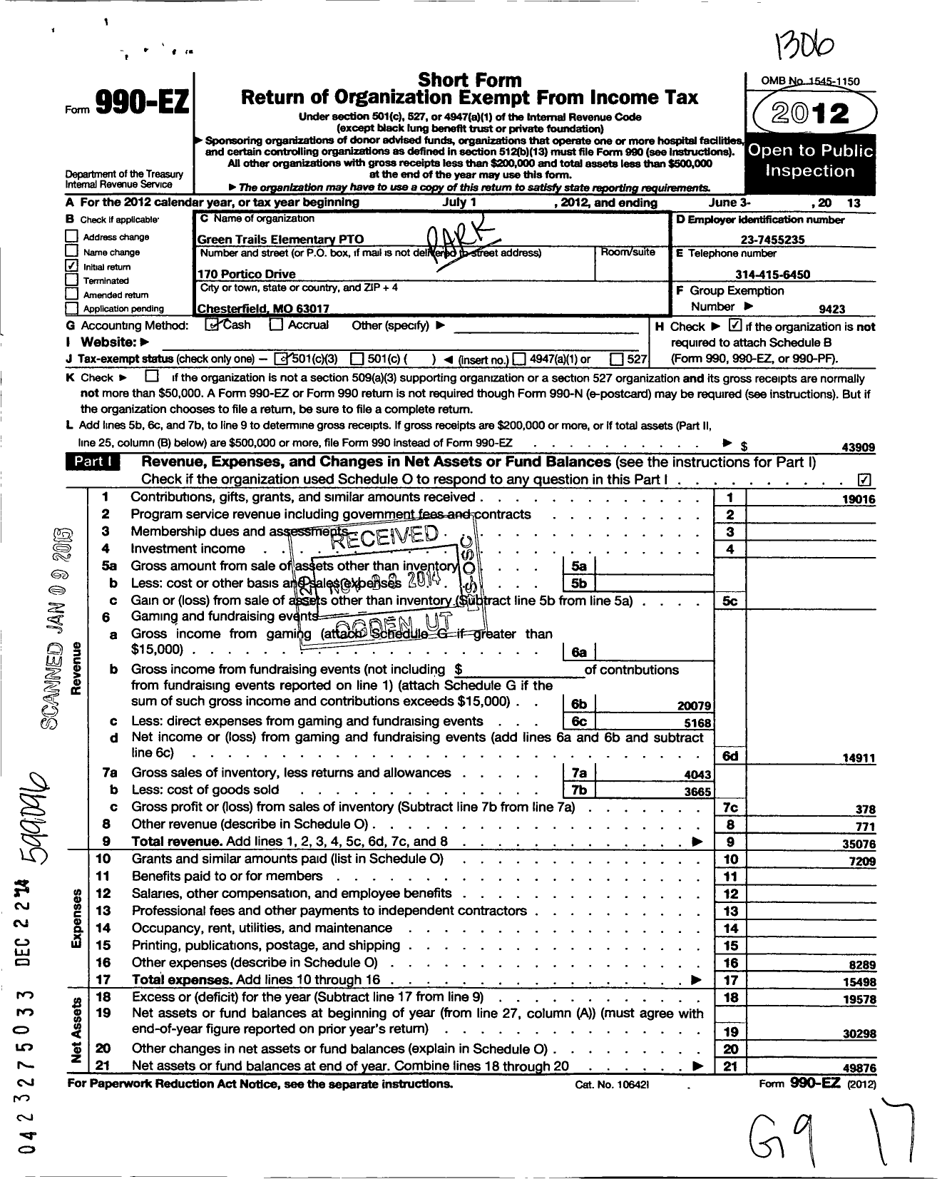 Image of first page of 2012 Form 990EZ for Parkway School District Parent Teacher Organization Council / Green Trails Elementary Pto