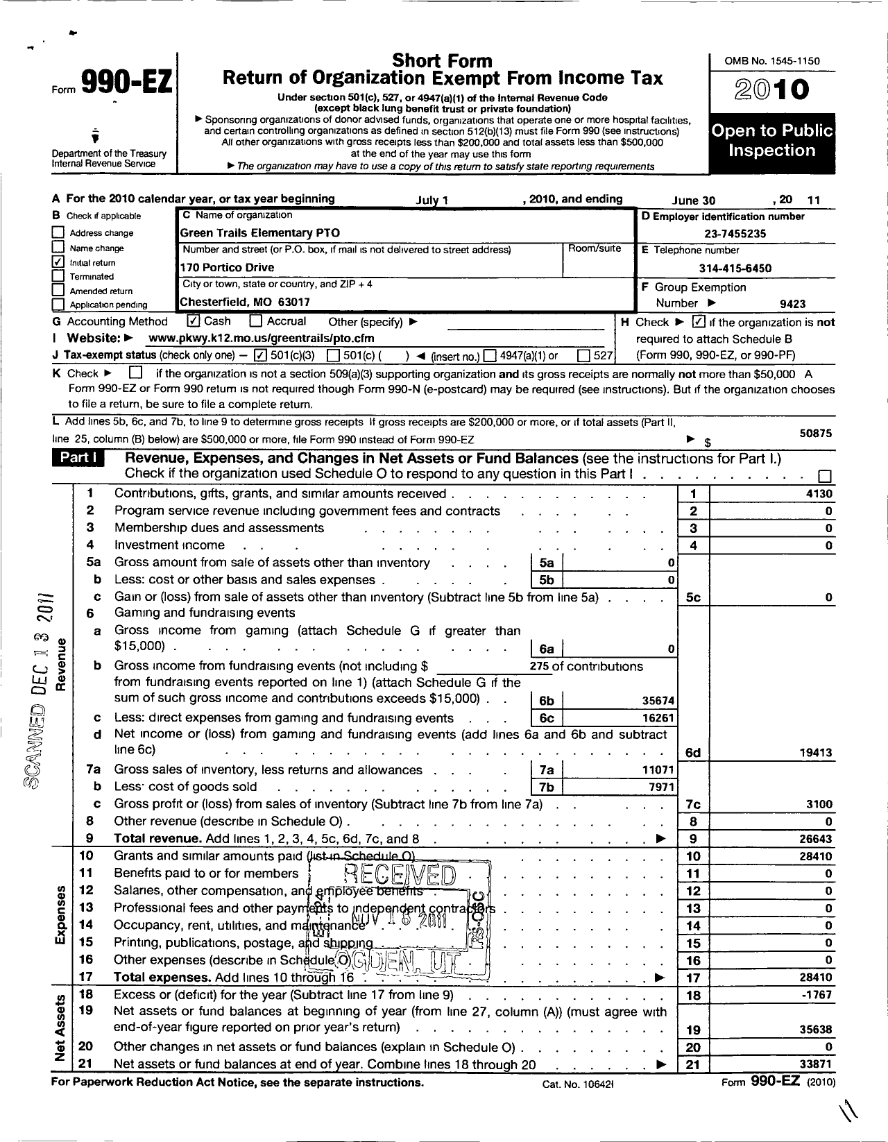 Image of first page of 2010 Form 990EZ for Parkway School District Parent Teacher Organization Council / Green Trails Elementary Pto