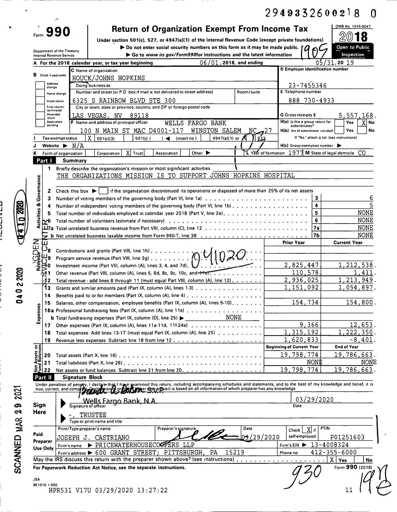 Image of first page of 2018 Form 990 for Houckjohns Hopkins