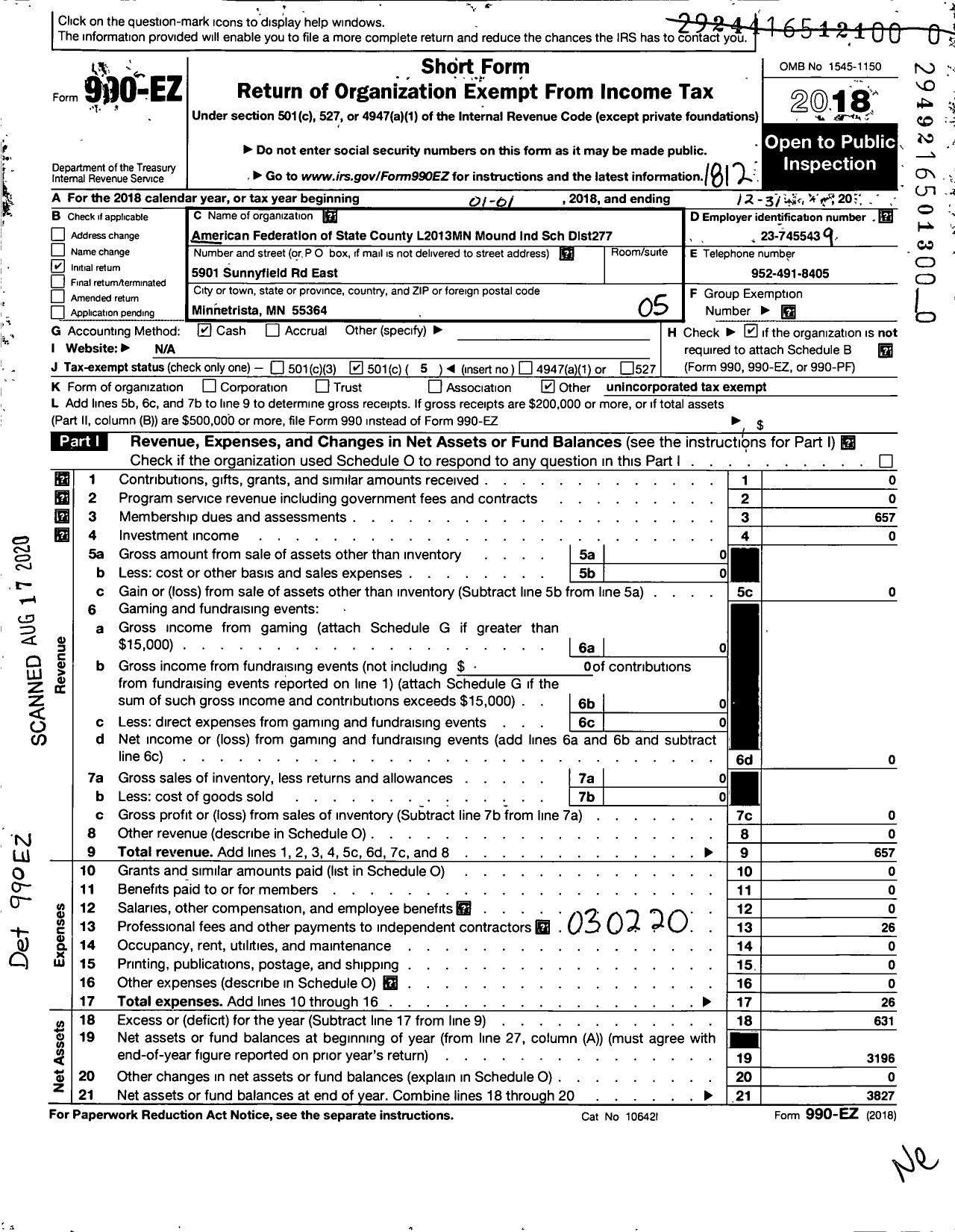 Image of first page of 2018 Form 990EO for American Federation of State County & Municipal Employees - L2013MN Mound Indep SCH Dist277